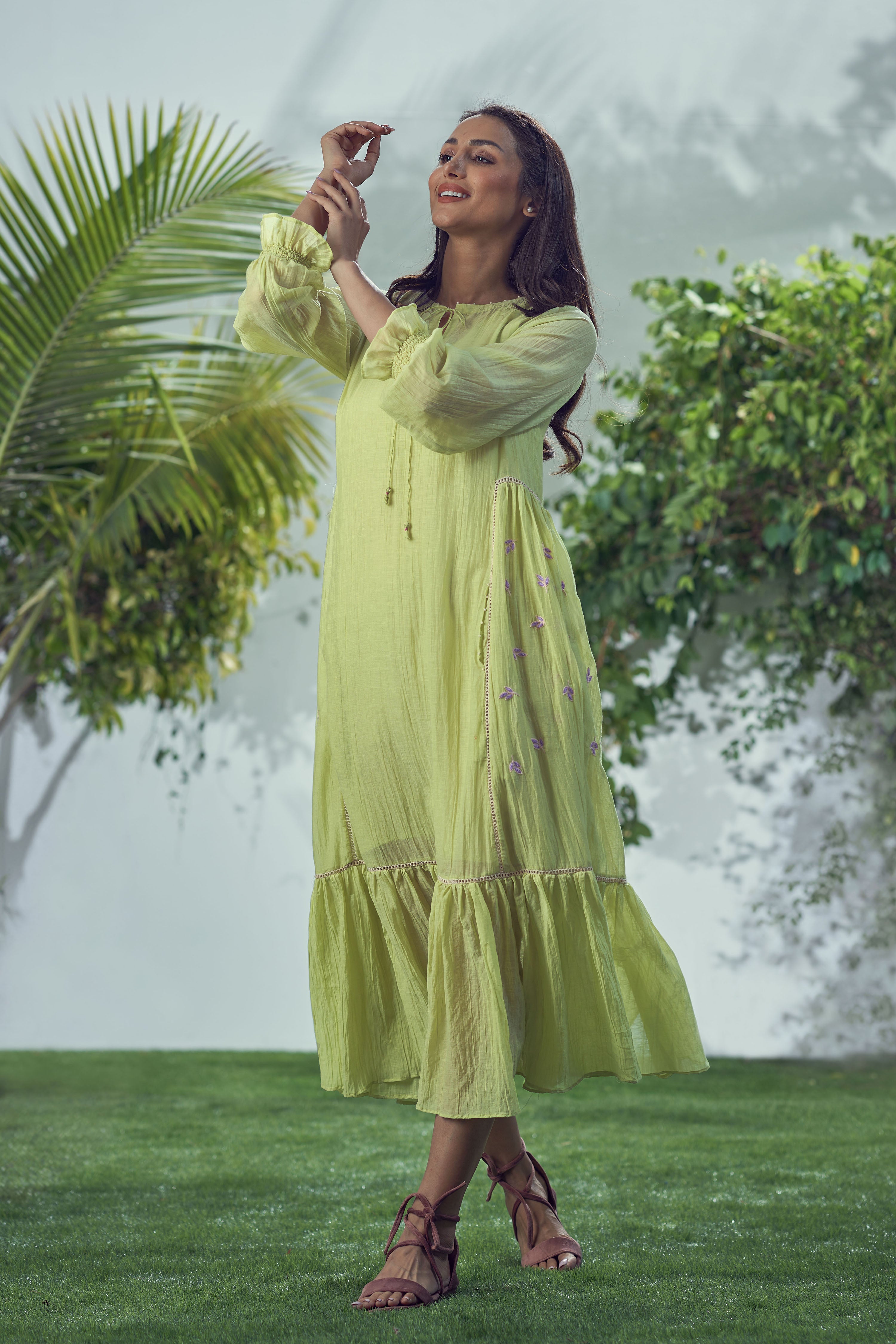 Baarik Lime Green Gathered Dress