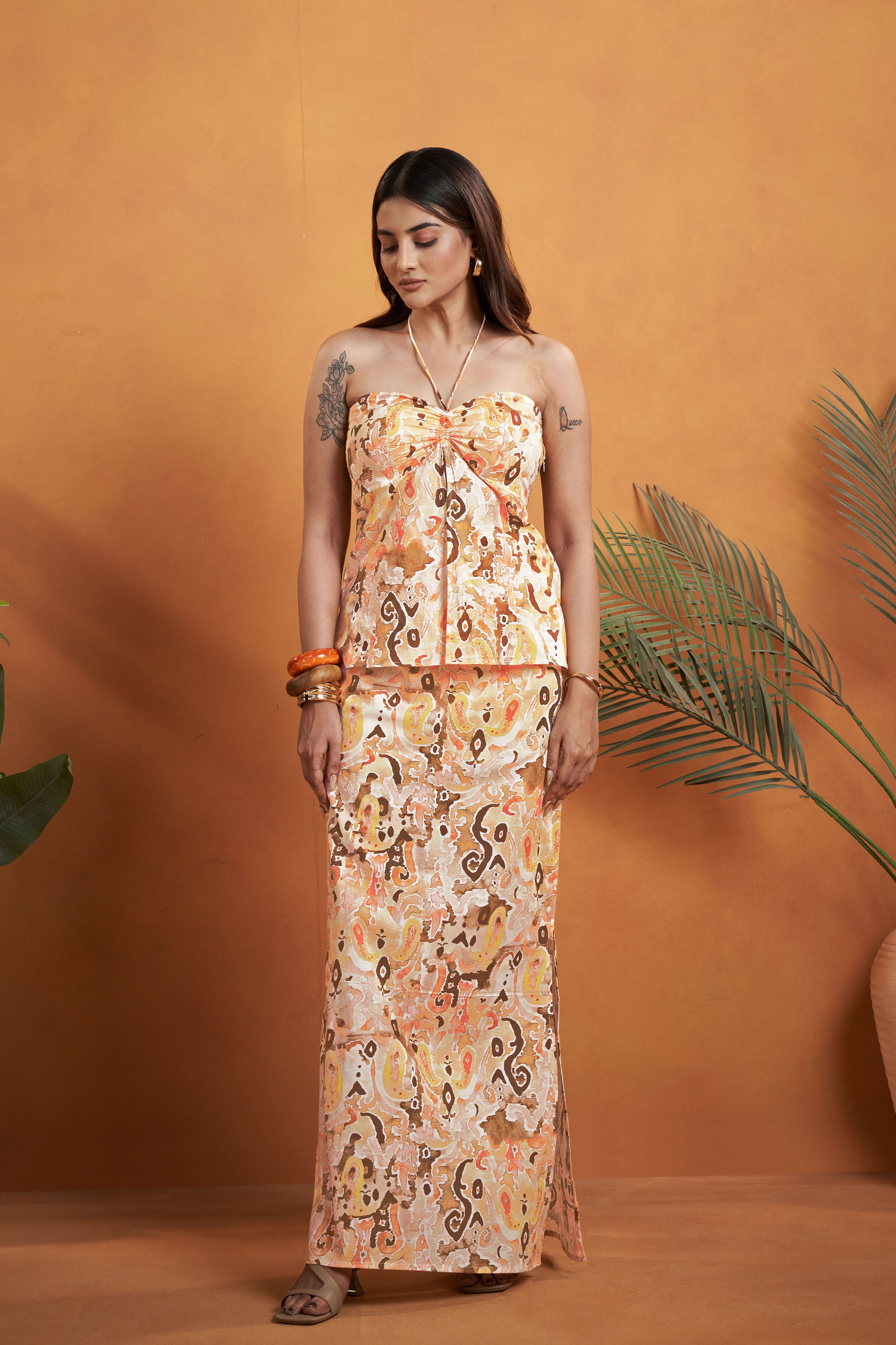 Printed Halter Neck Top with skirt