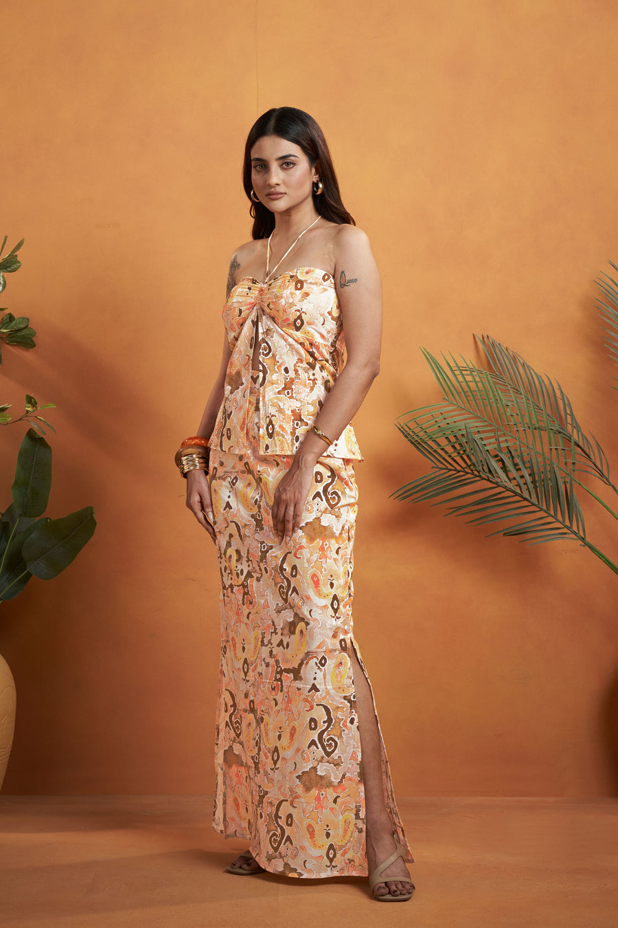 Printed Halter Neck Top with skirt