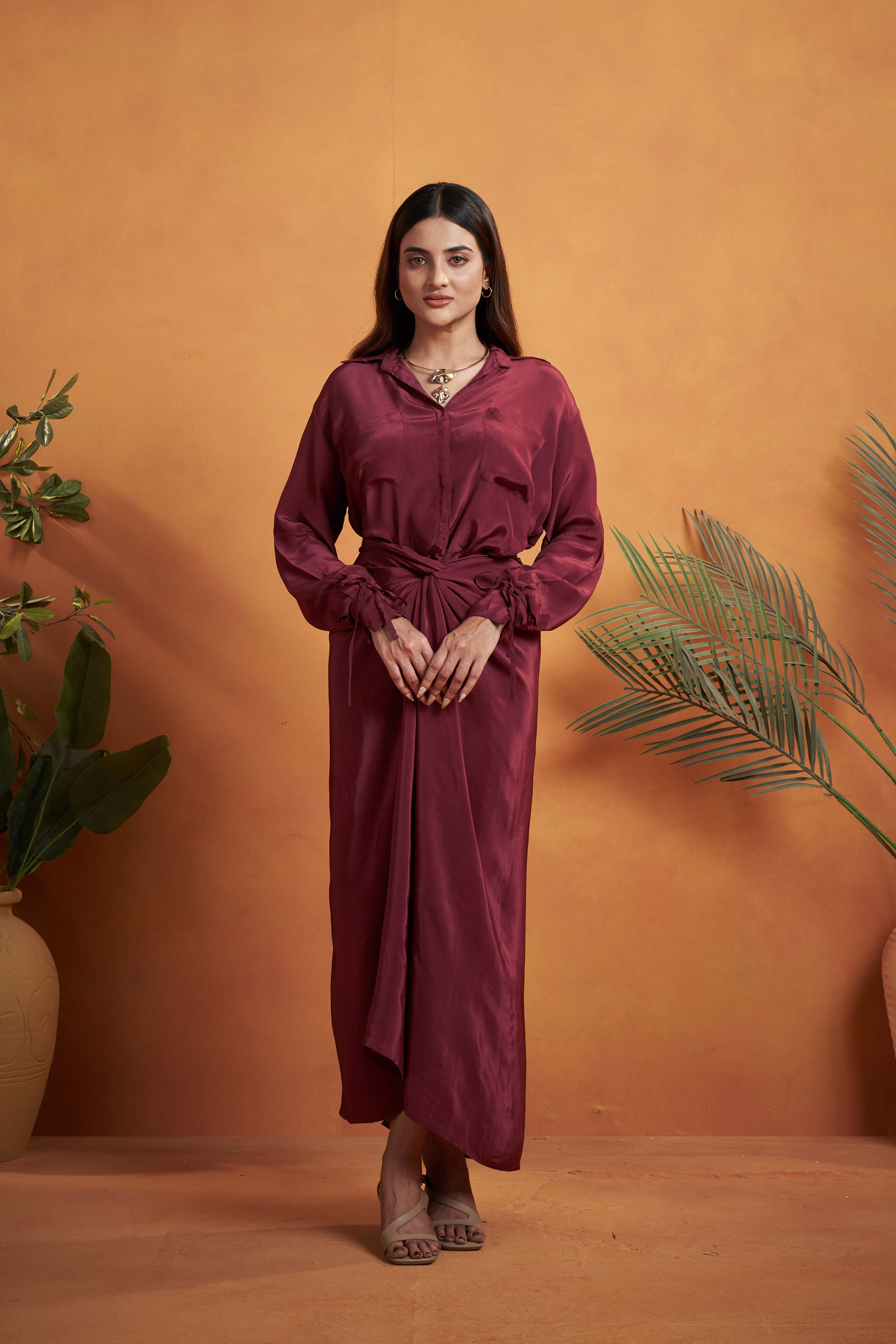 Burgundy Shirt & Wrap Skirt Set