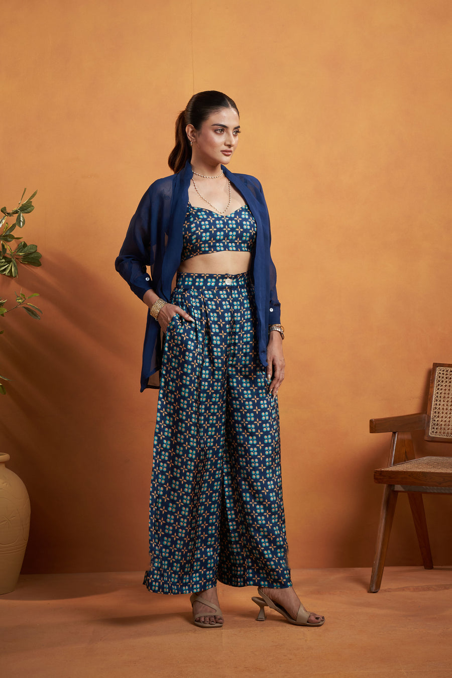 Navy Blue Printed Jacket Set