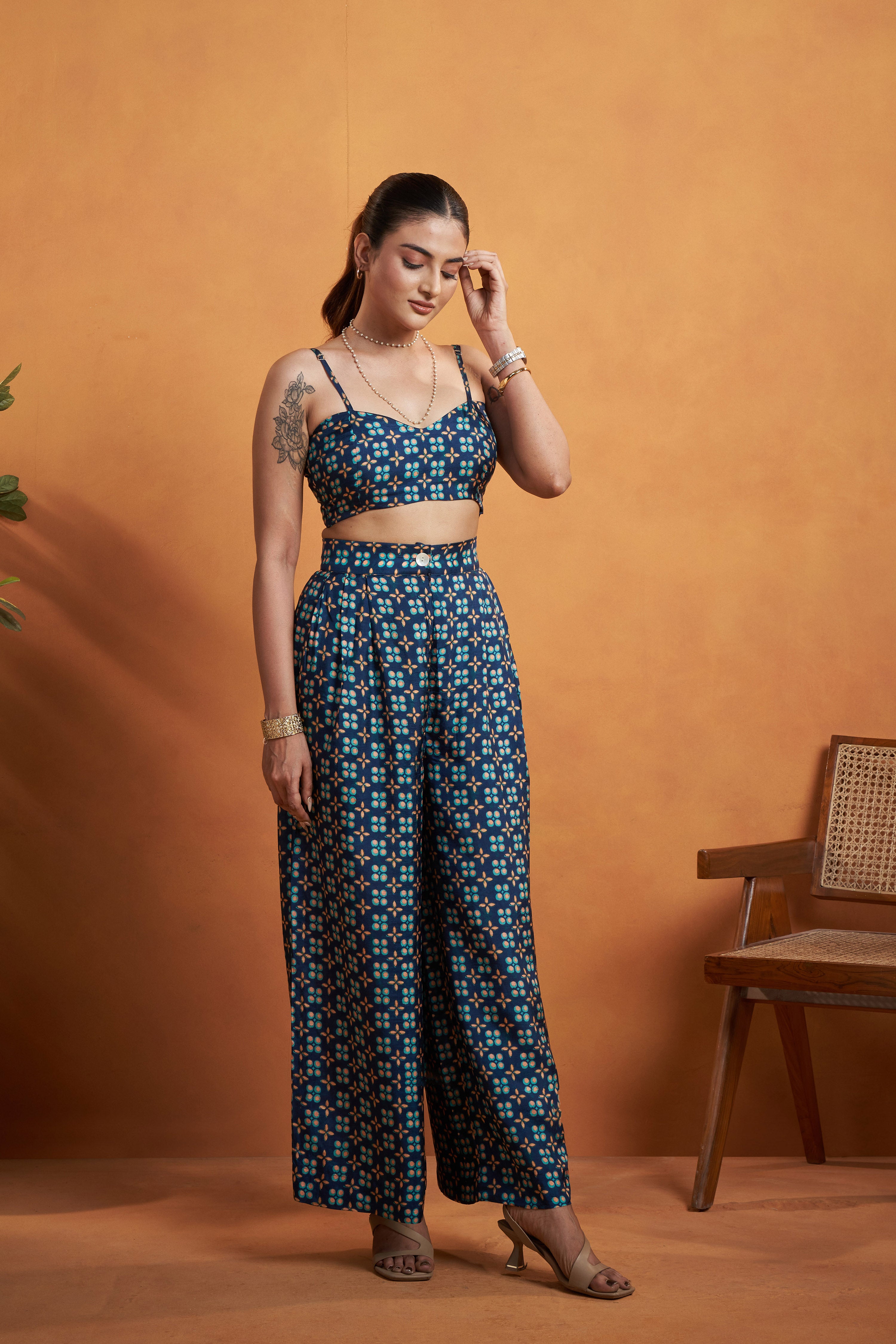 Navy Blue Printed Jacket Set