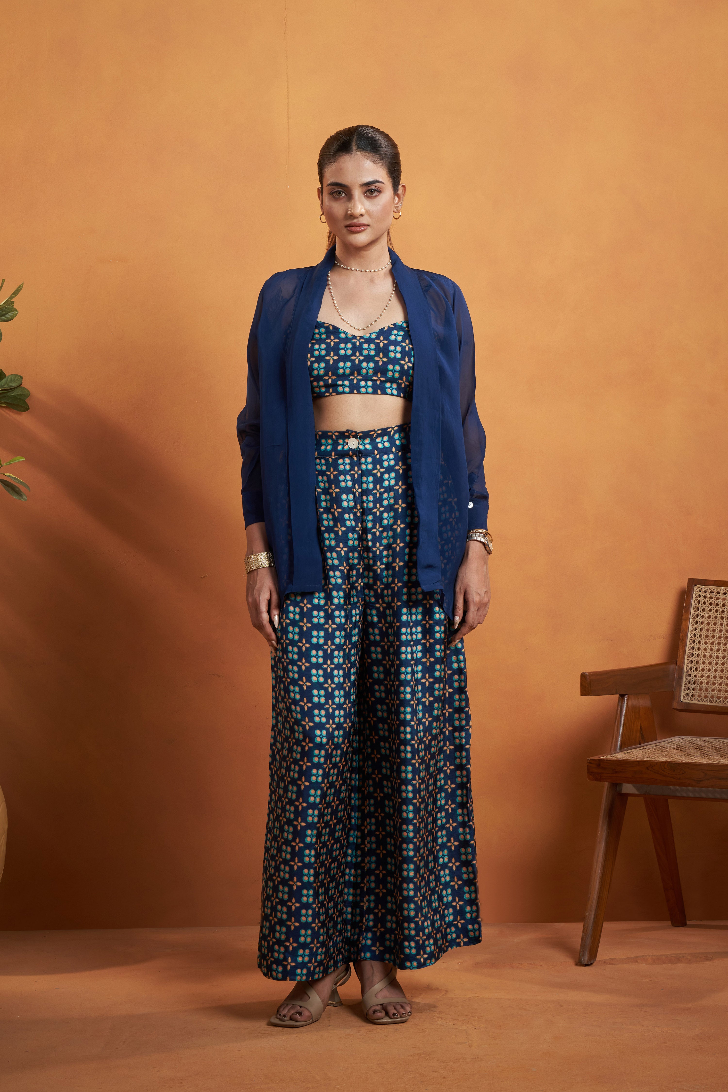 Navy Blue Printed Jacket Set