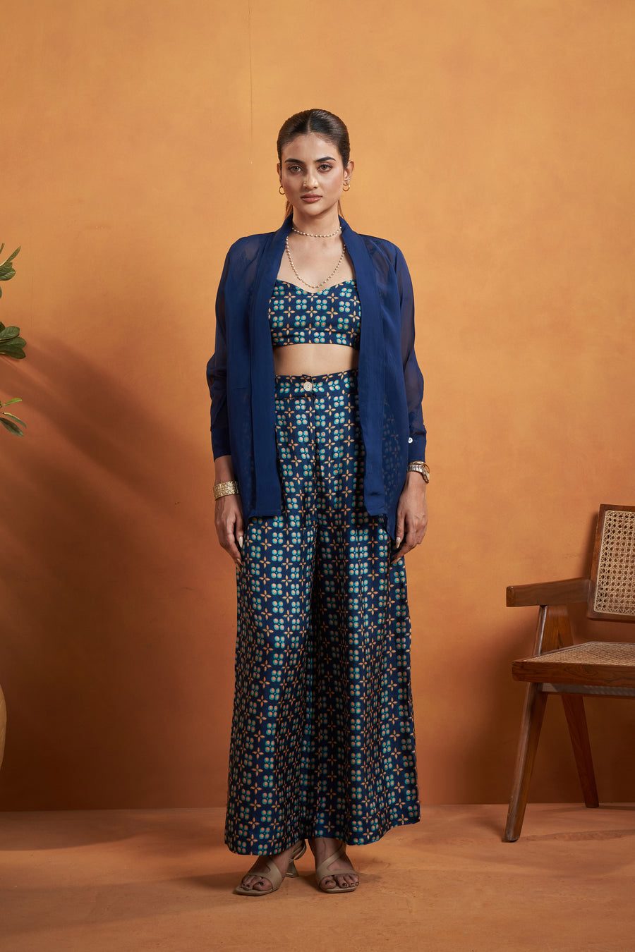Navy Blue Printed Jacket Set