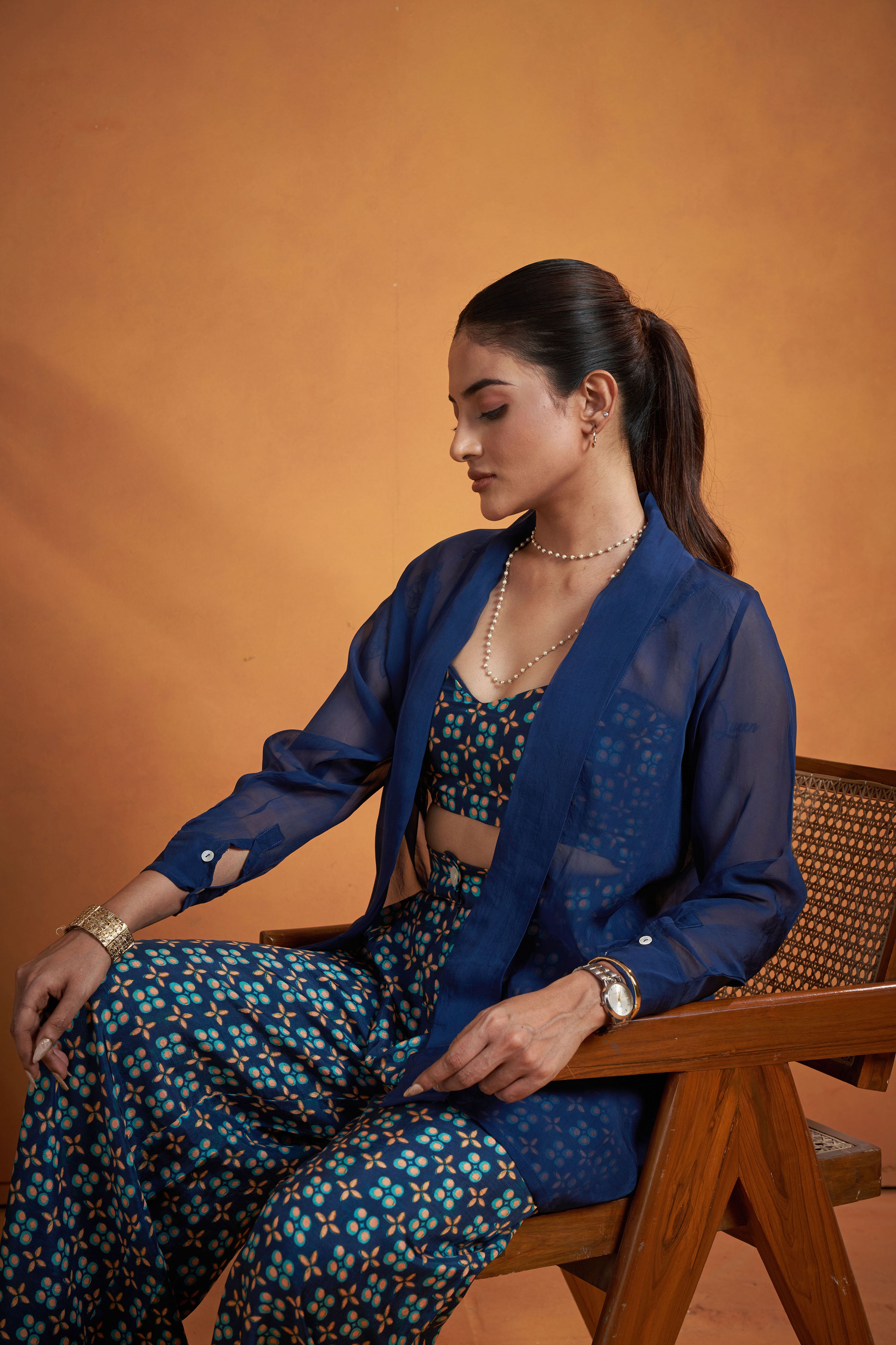 Navy Blue Printed Jacket Set
