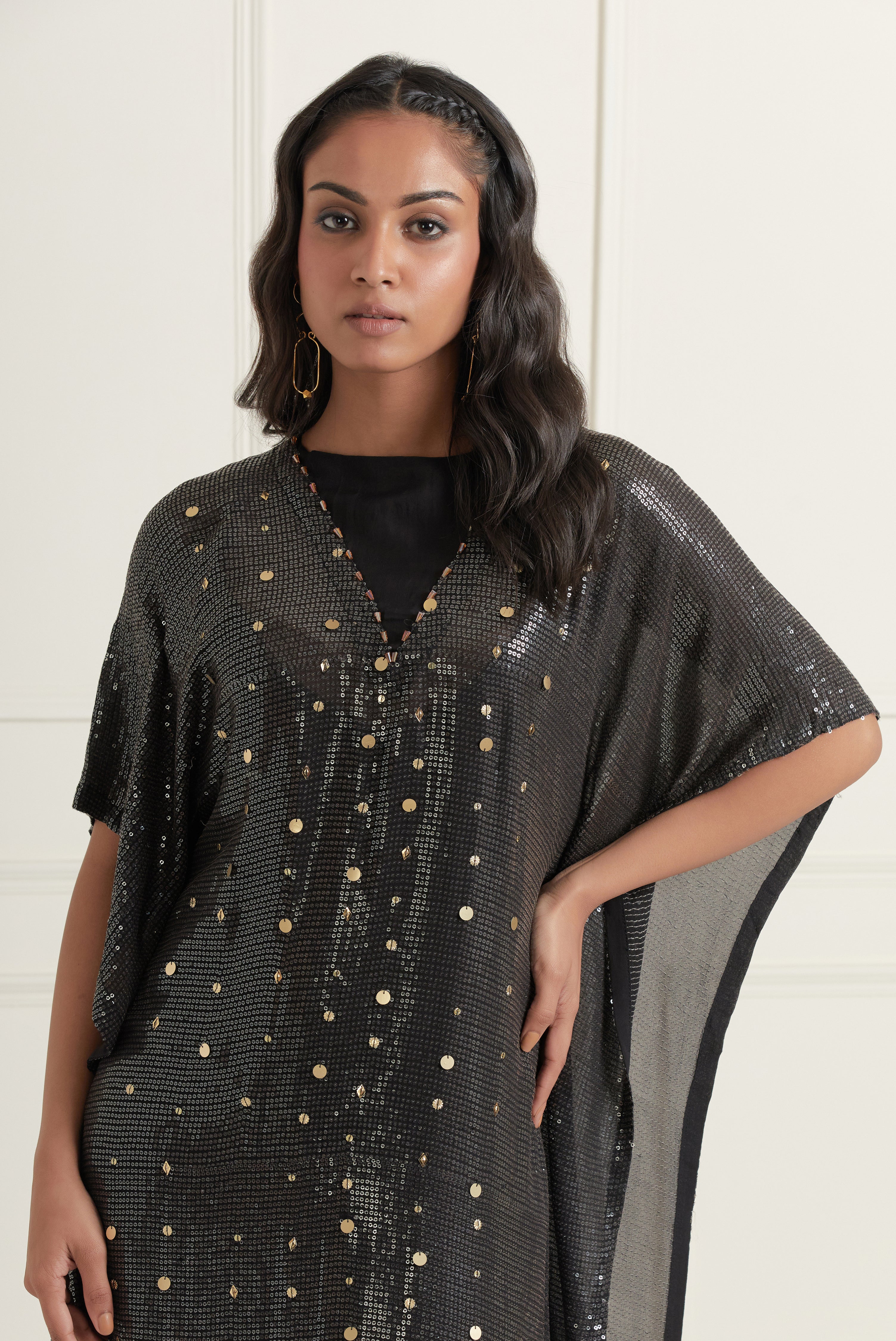 Layla Midnight Black Hand-Embroidered Kaftan