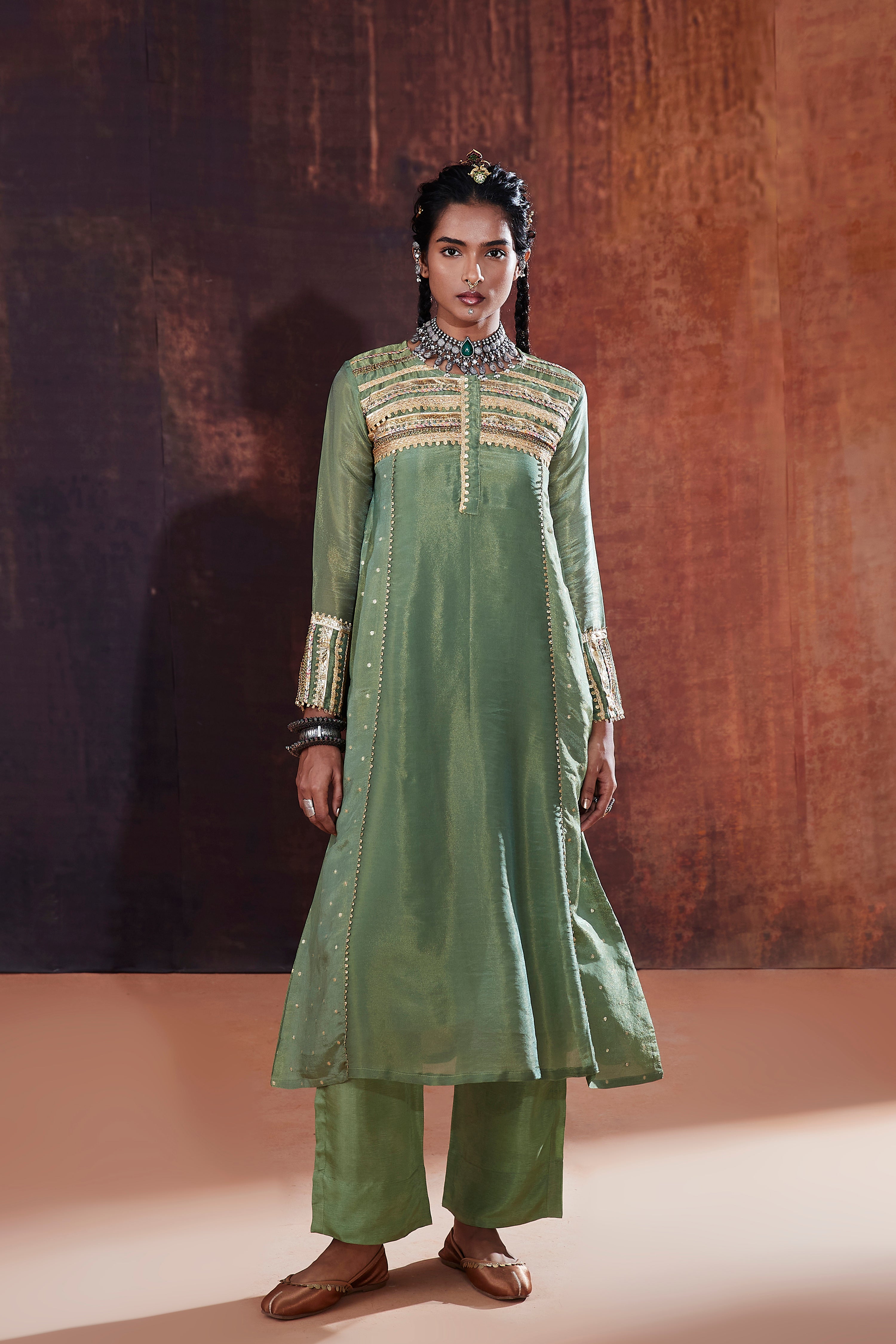 Moss Green Jacquard Kurta Set
