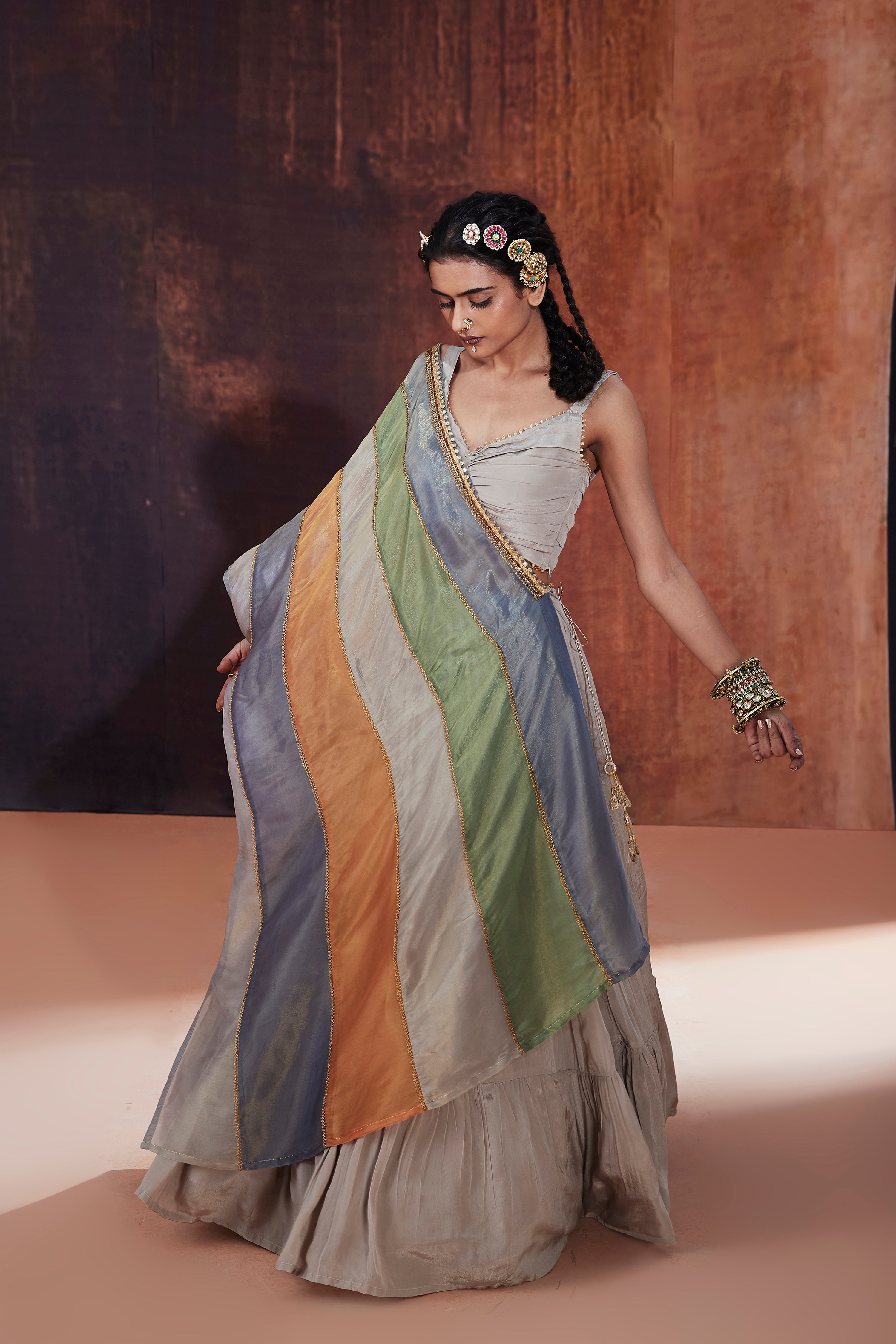 Grey Lehenga Set With Multicolored Cape