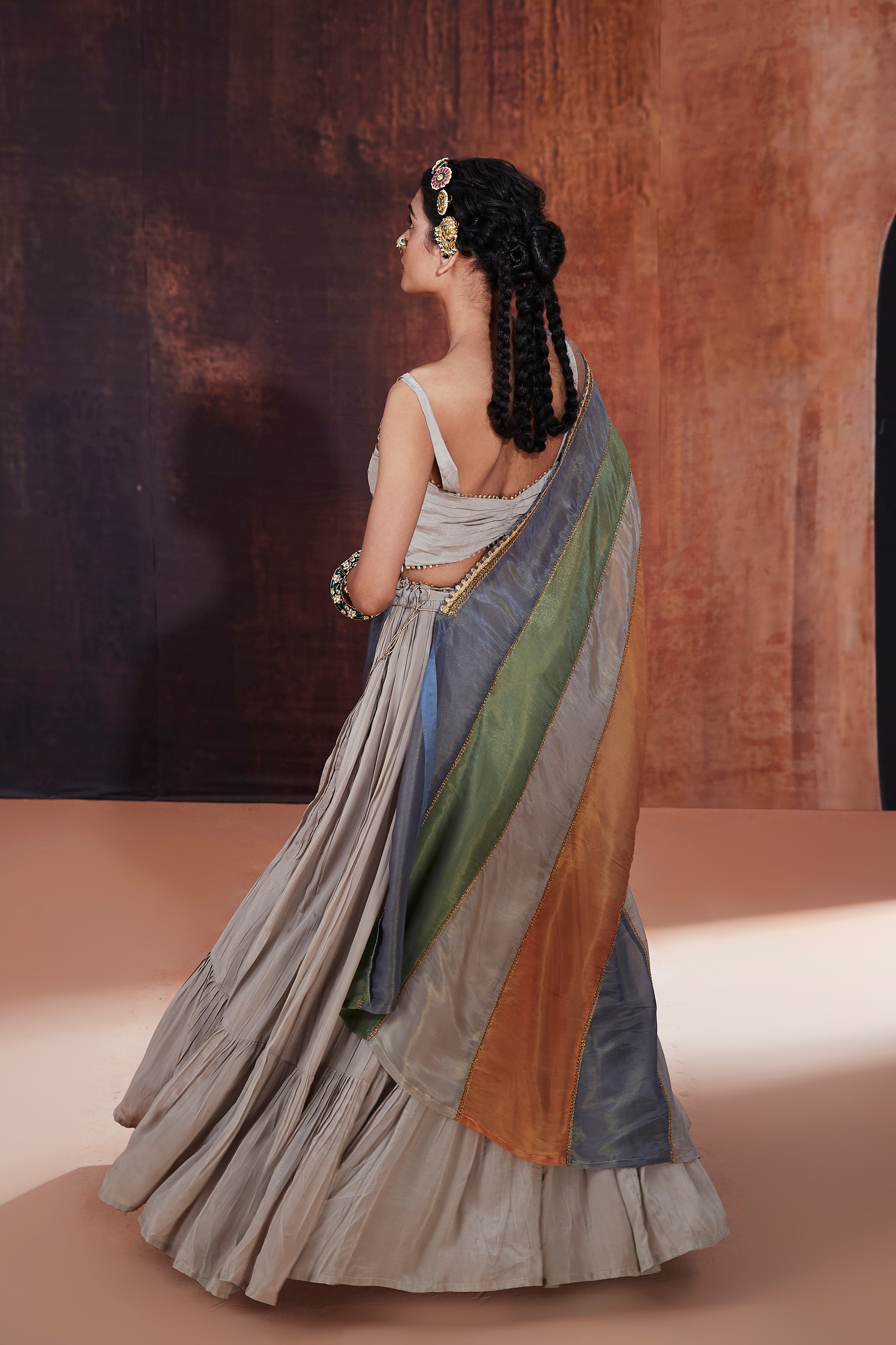 Grey Lehenga Set With Multicolored Cape