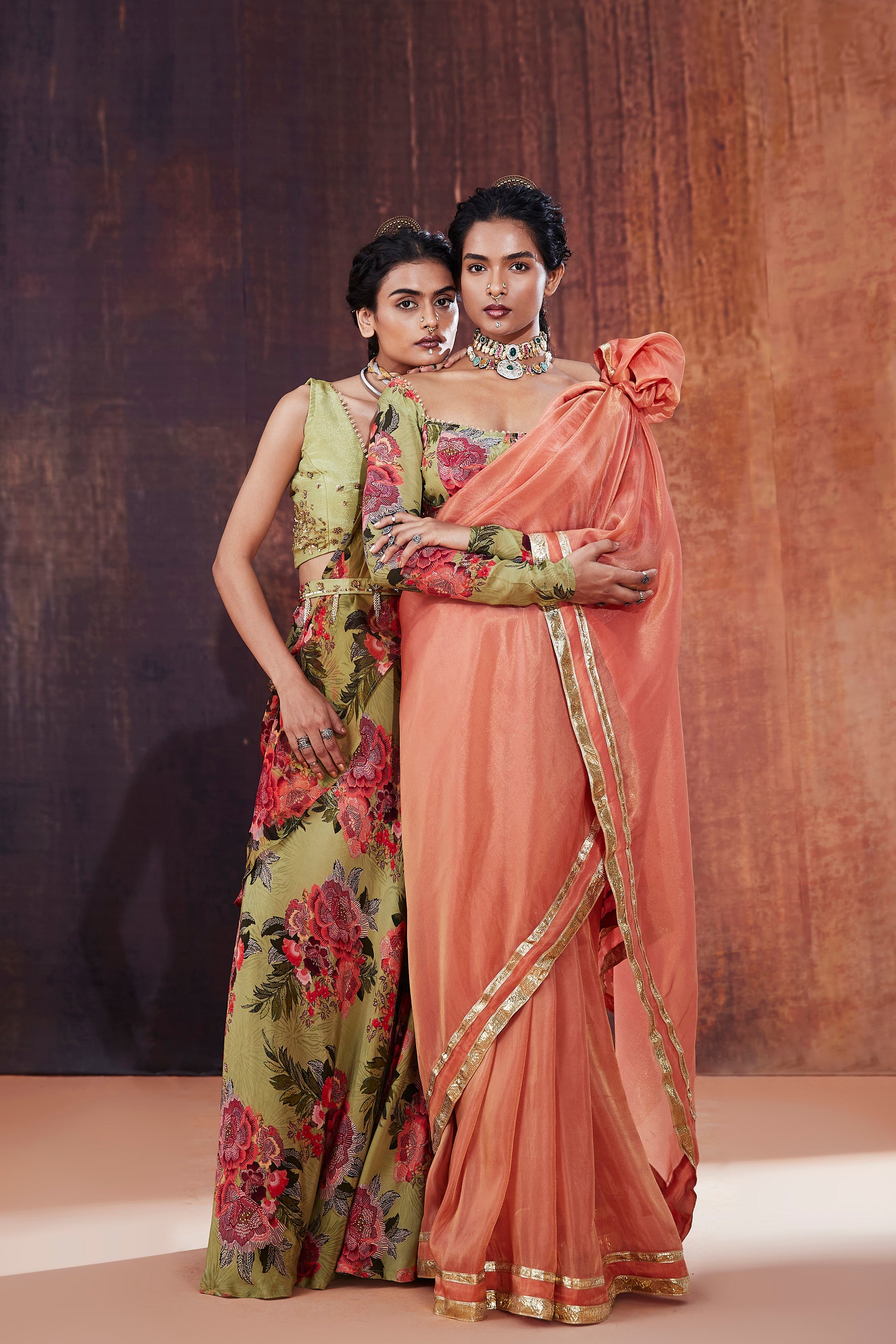 Moss Green Floral Printed Ruffled Saree