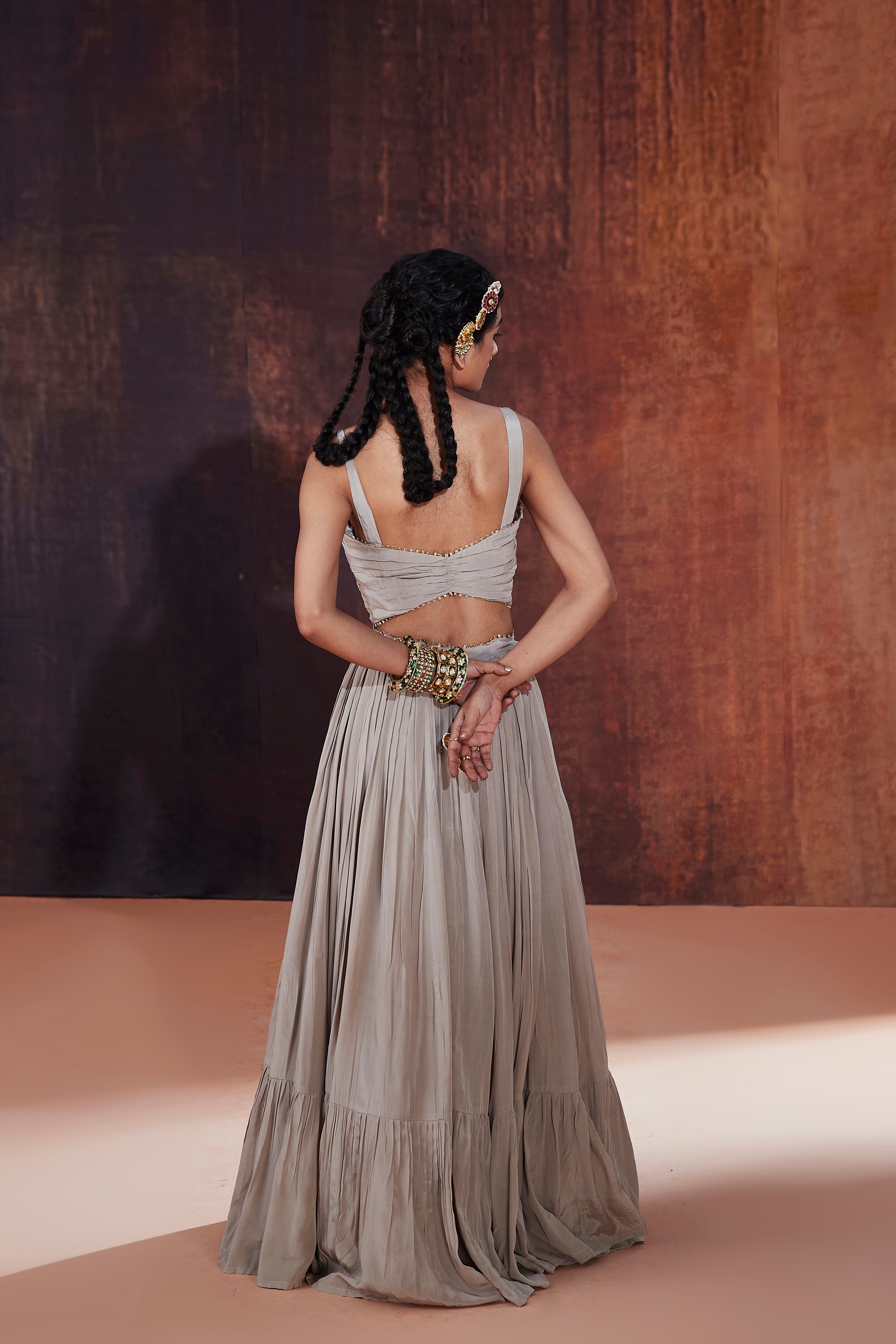 Grey Lehenga Set With Multicolored Cape