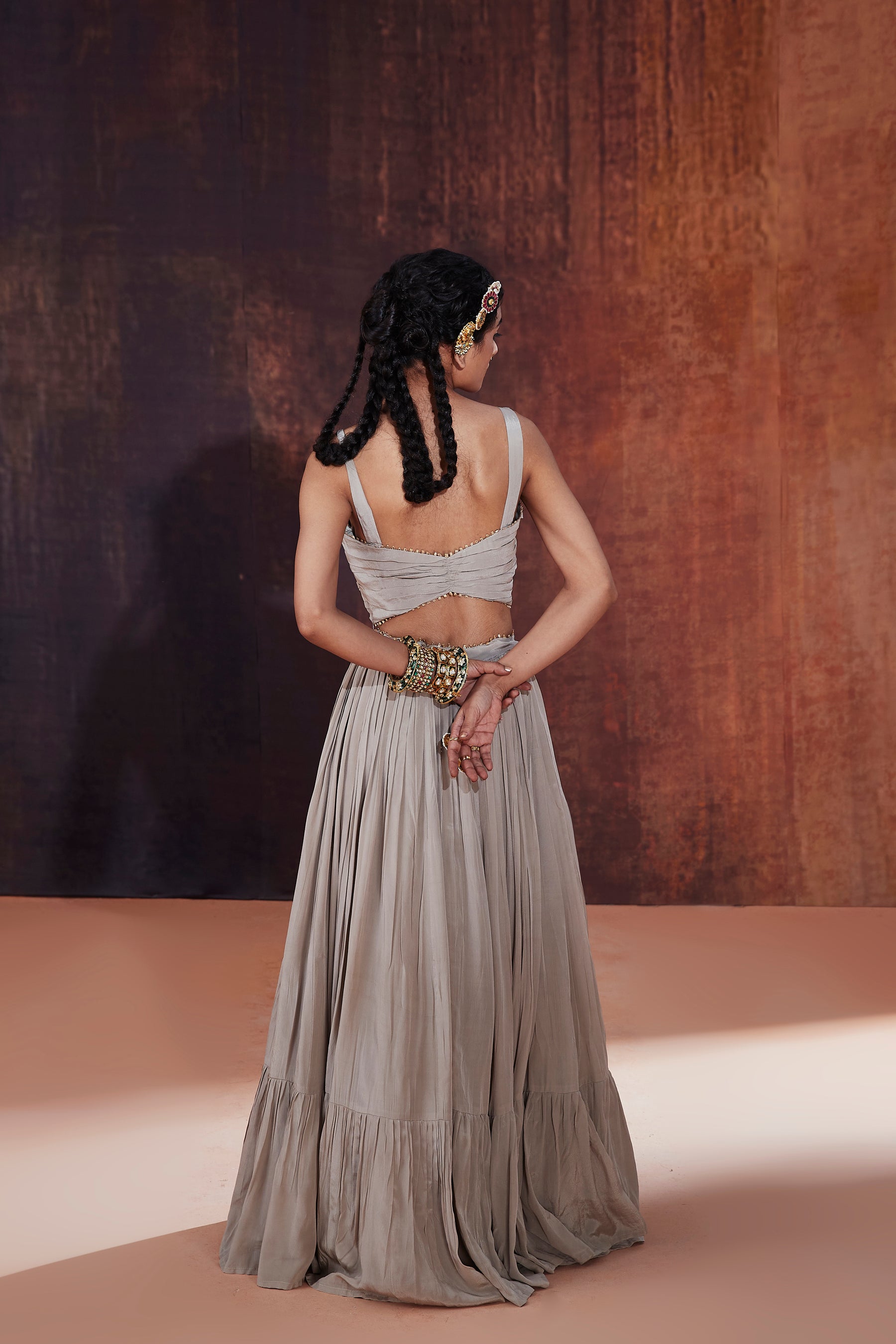 Grey Lehenga Set With Multicolored Cape