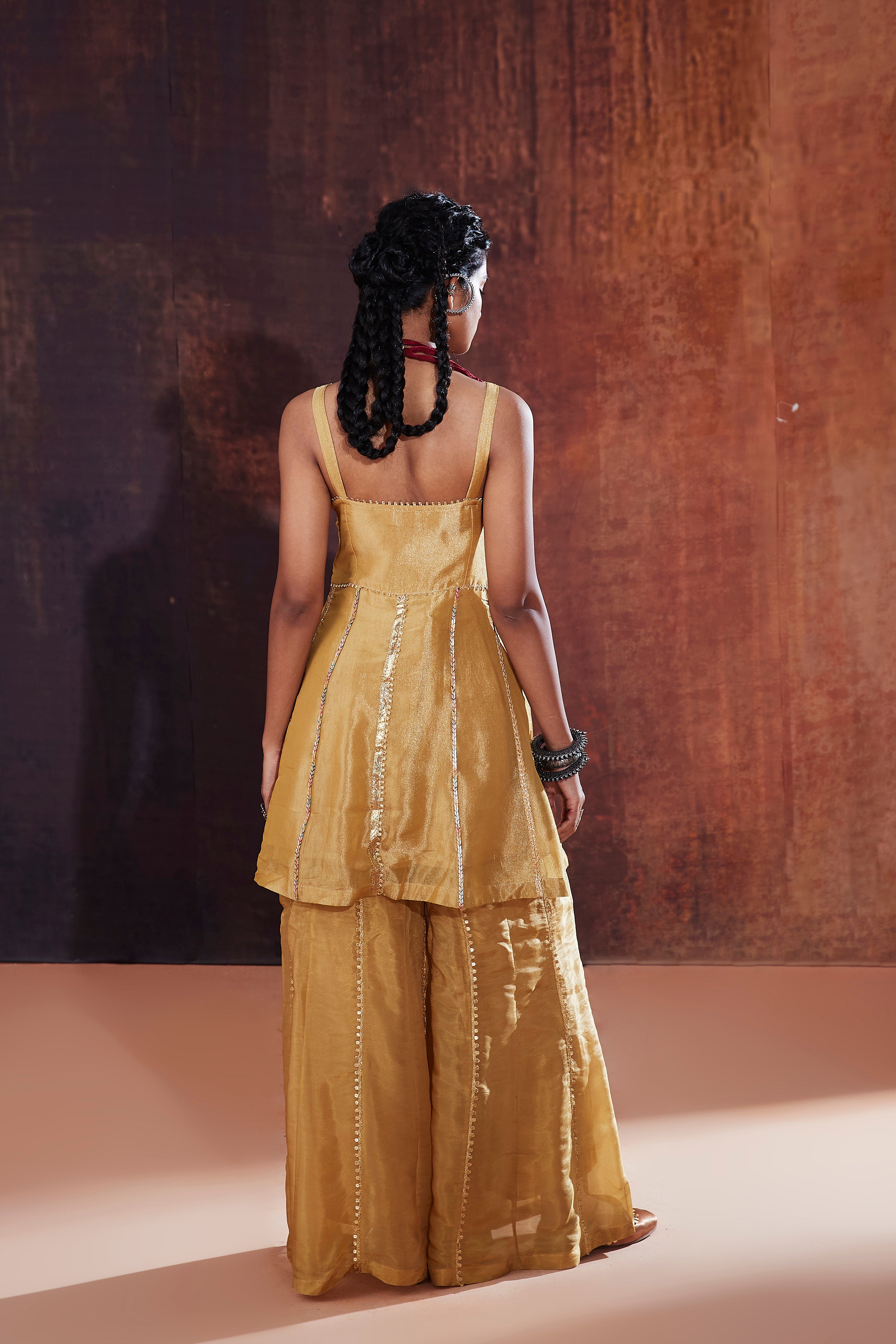 Gold Crush Tissue Sharara Set