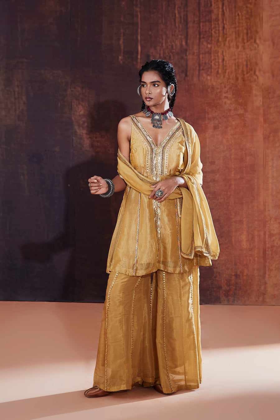 Gold Crush Tissue Sharara Set