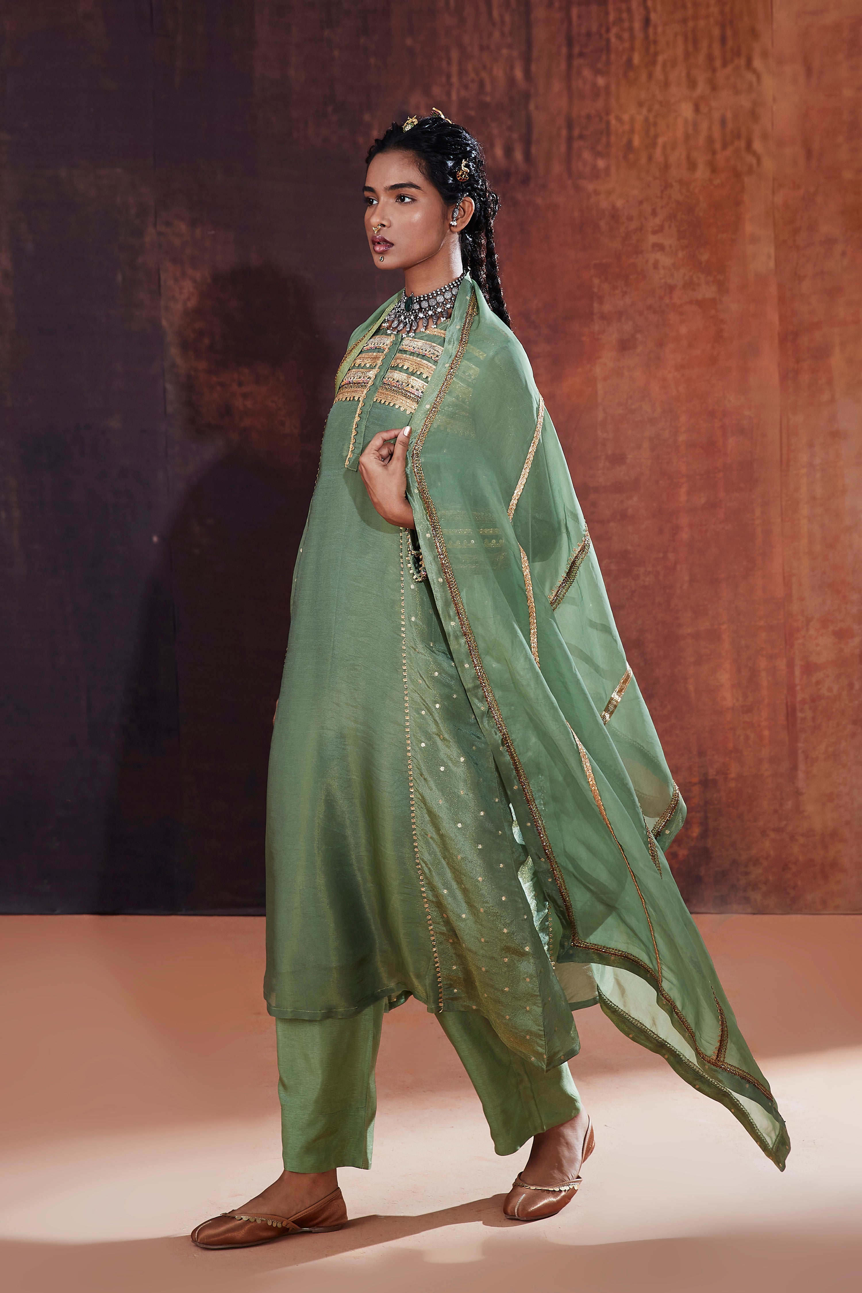 Moss Green Jacquard Kurta Set