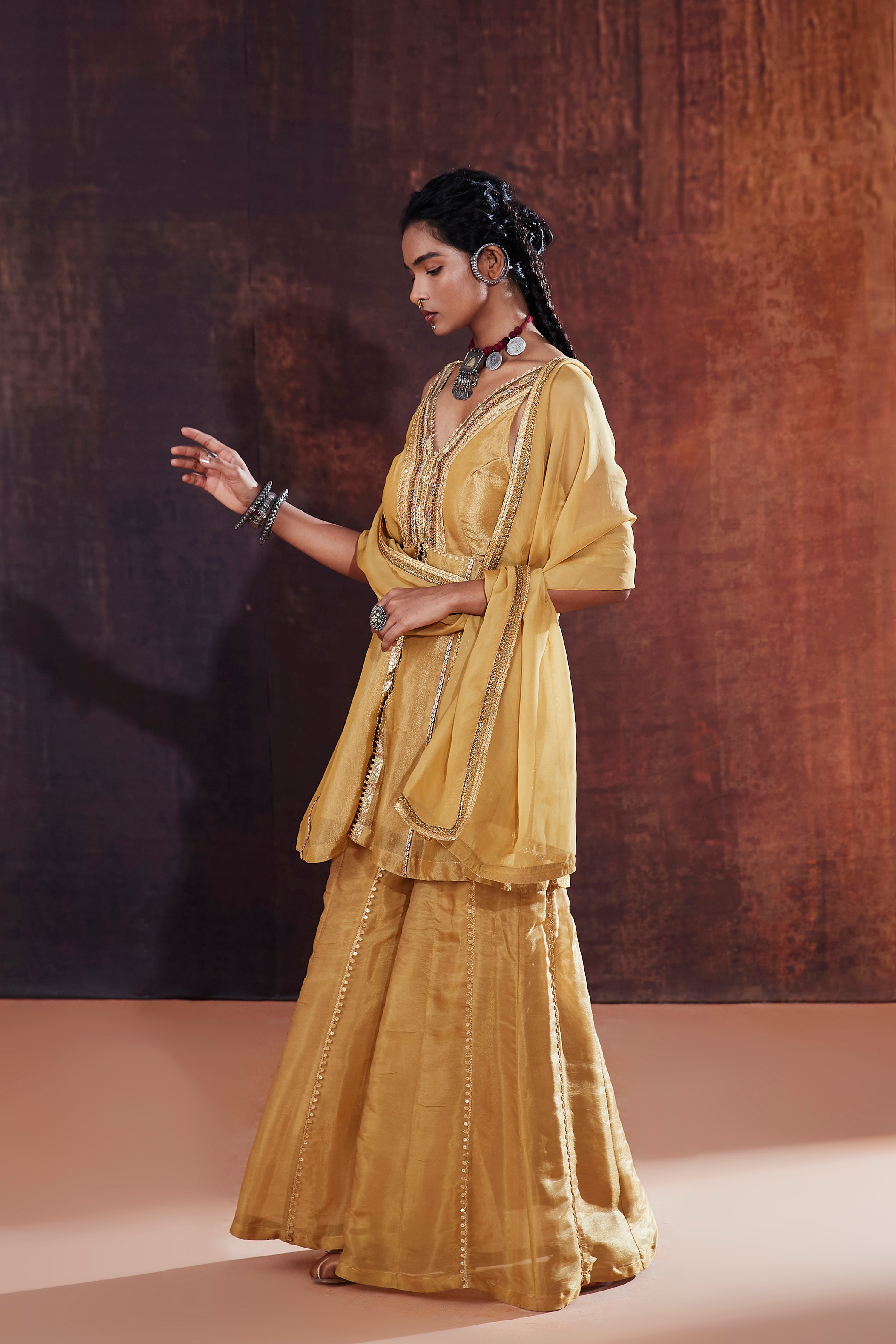 Gold Crush Tissue Sharara Set