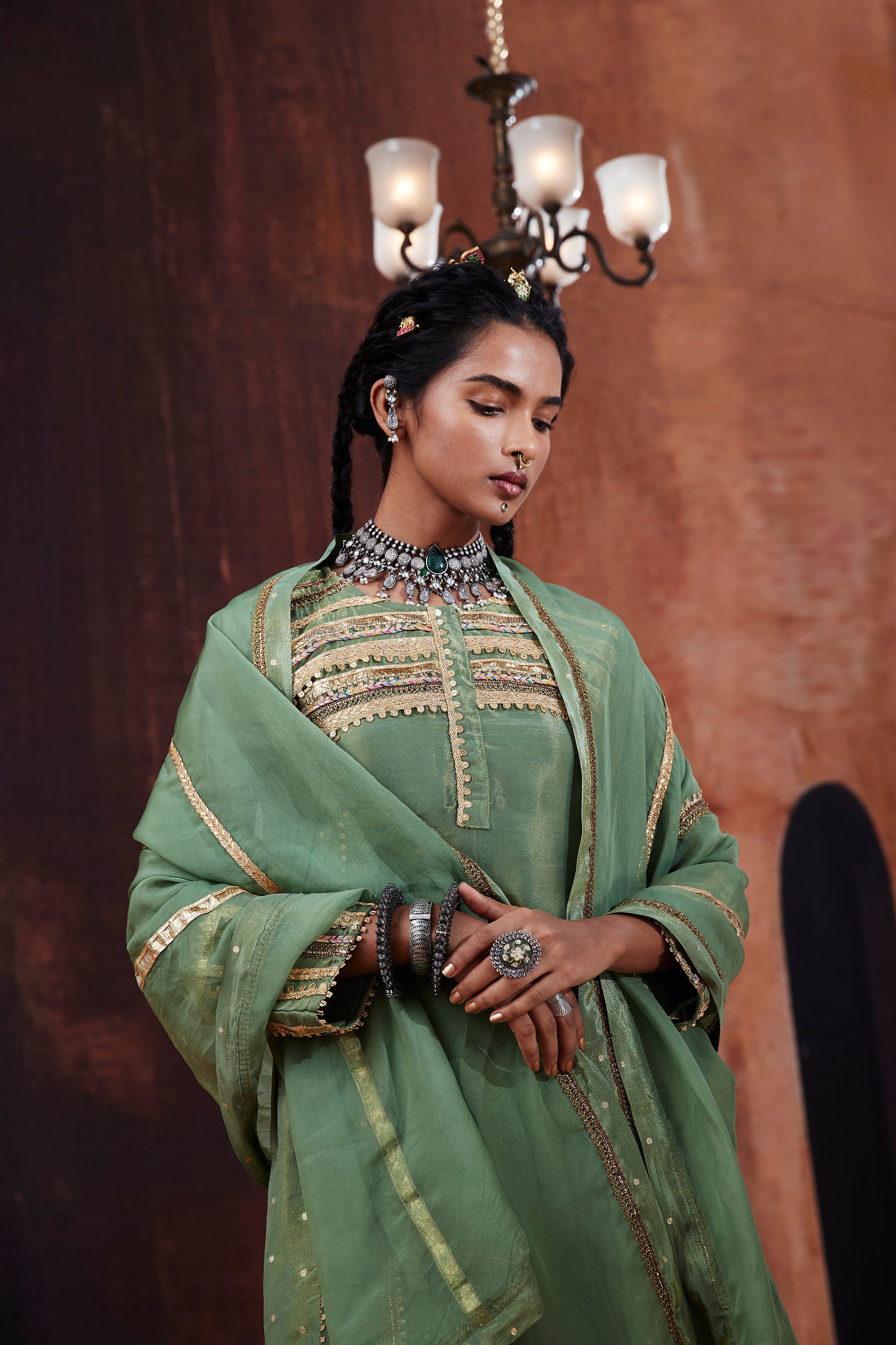 Moss Green Jacquard Kurta Set