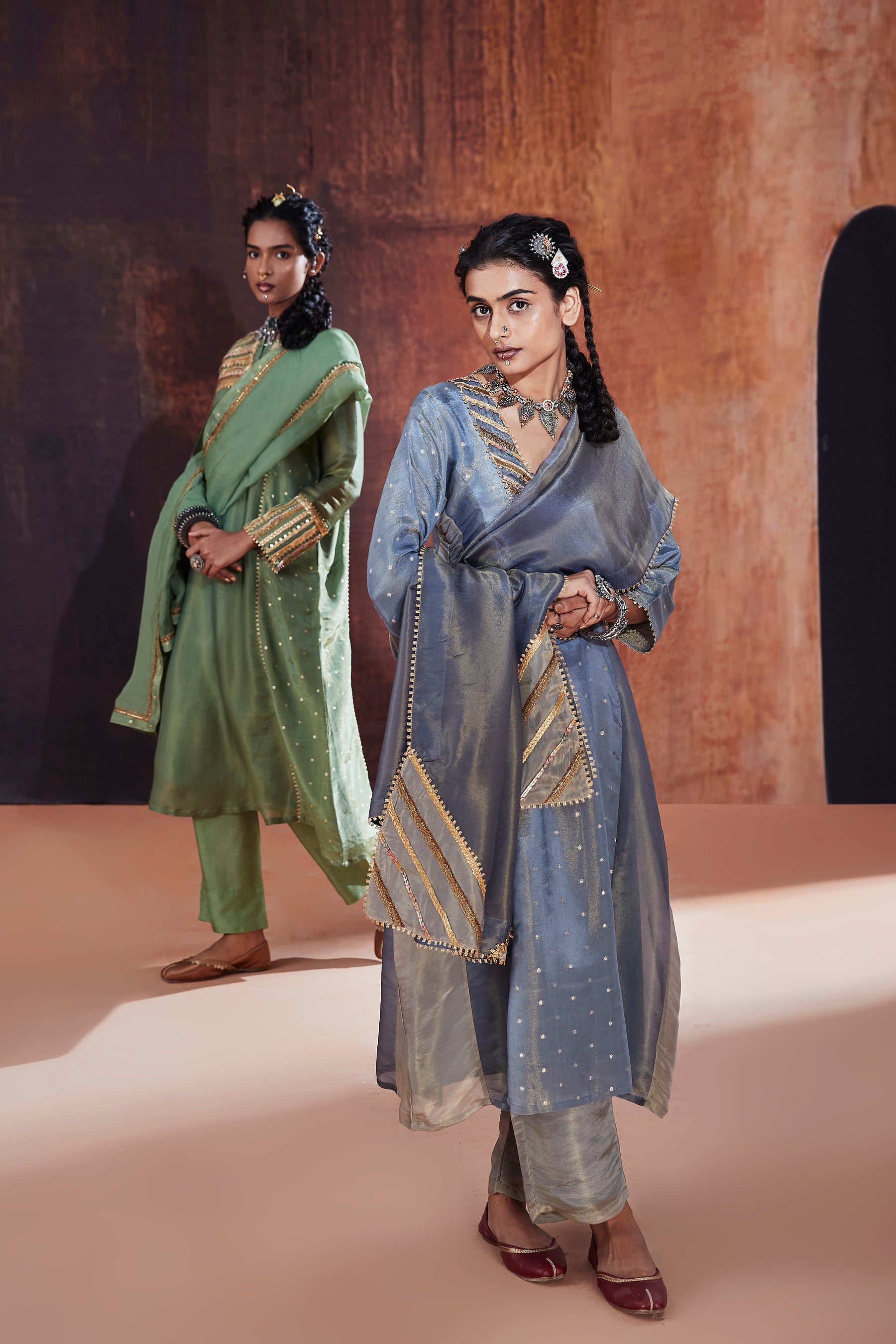 Blue Jacquard A-line Kurta Set