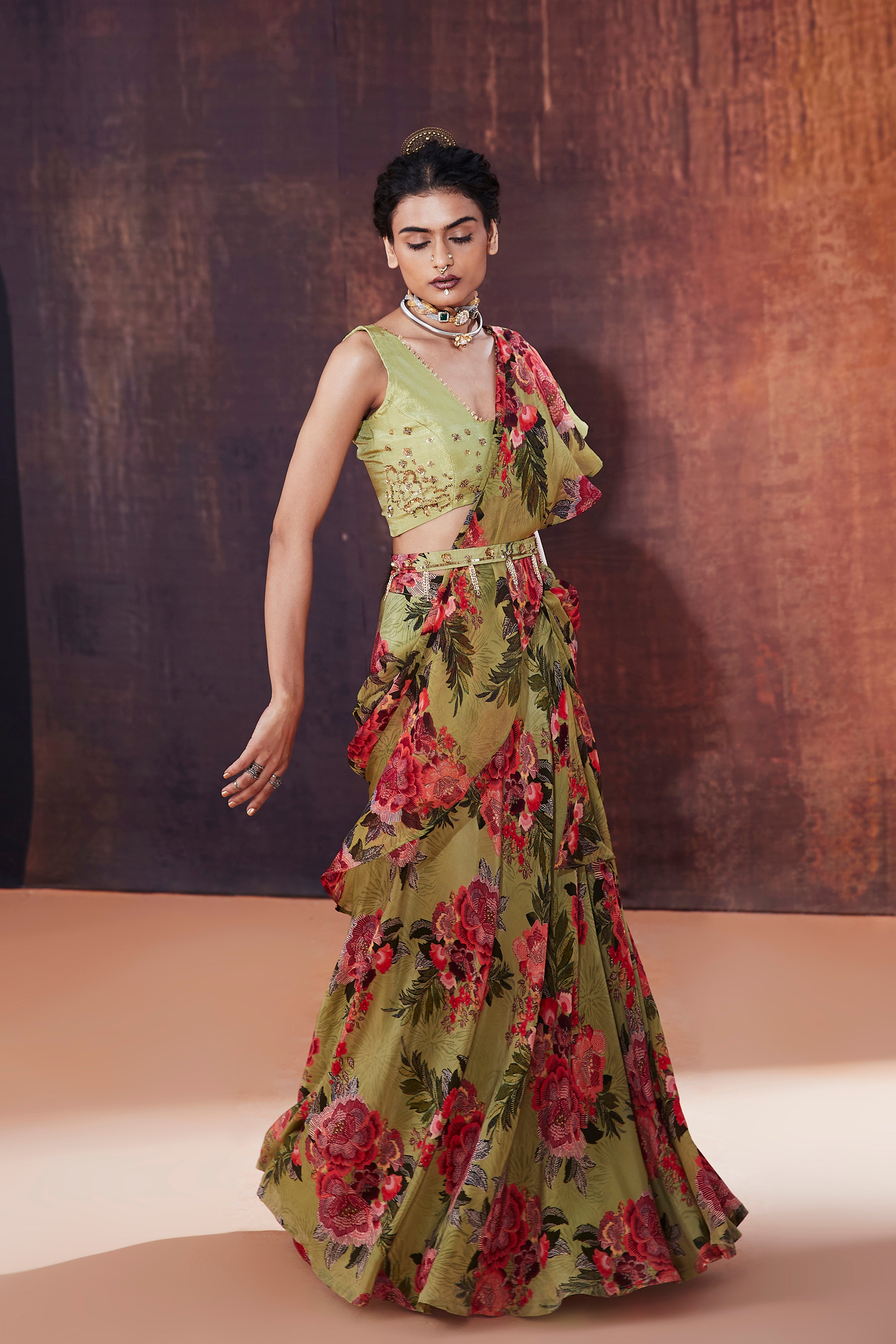 Moss Green Floral Printed Ruffled Saree