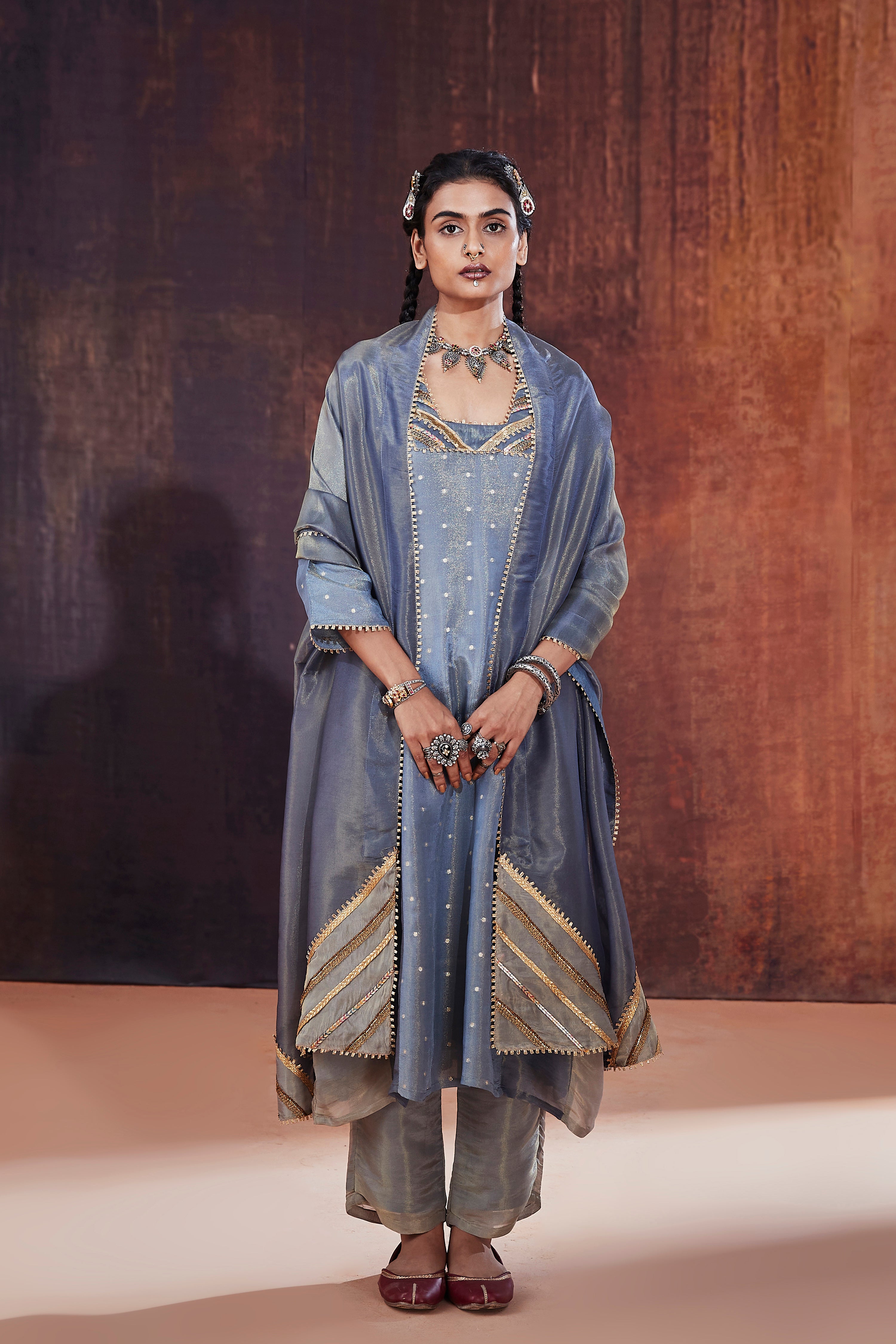 Blue Jacquard A-line Kurta Set