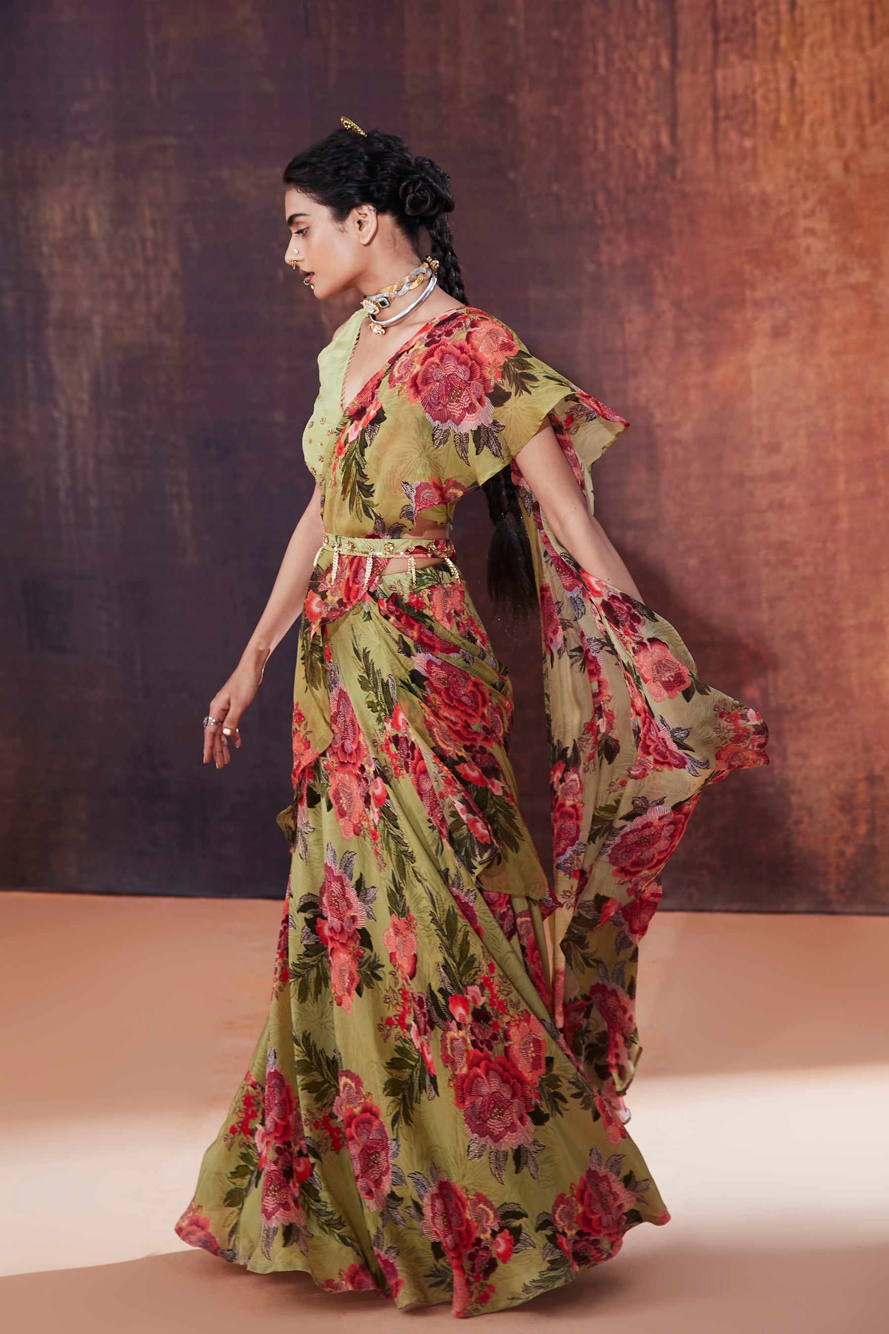 Moss Green Floral Printed Ruffled Saree