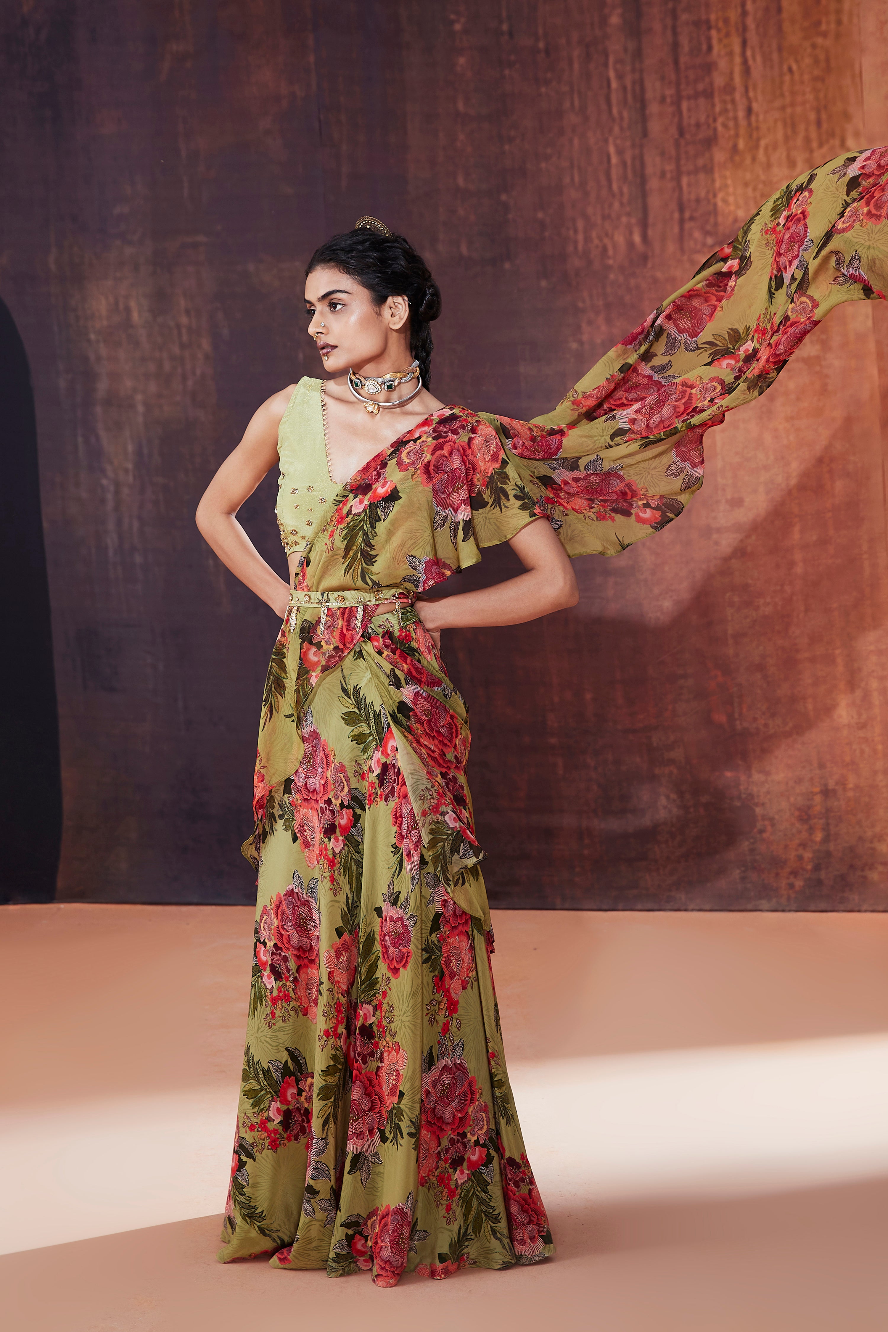 Moss Green Floral Printed Ruffled Saree