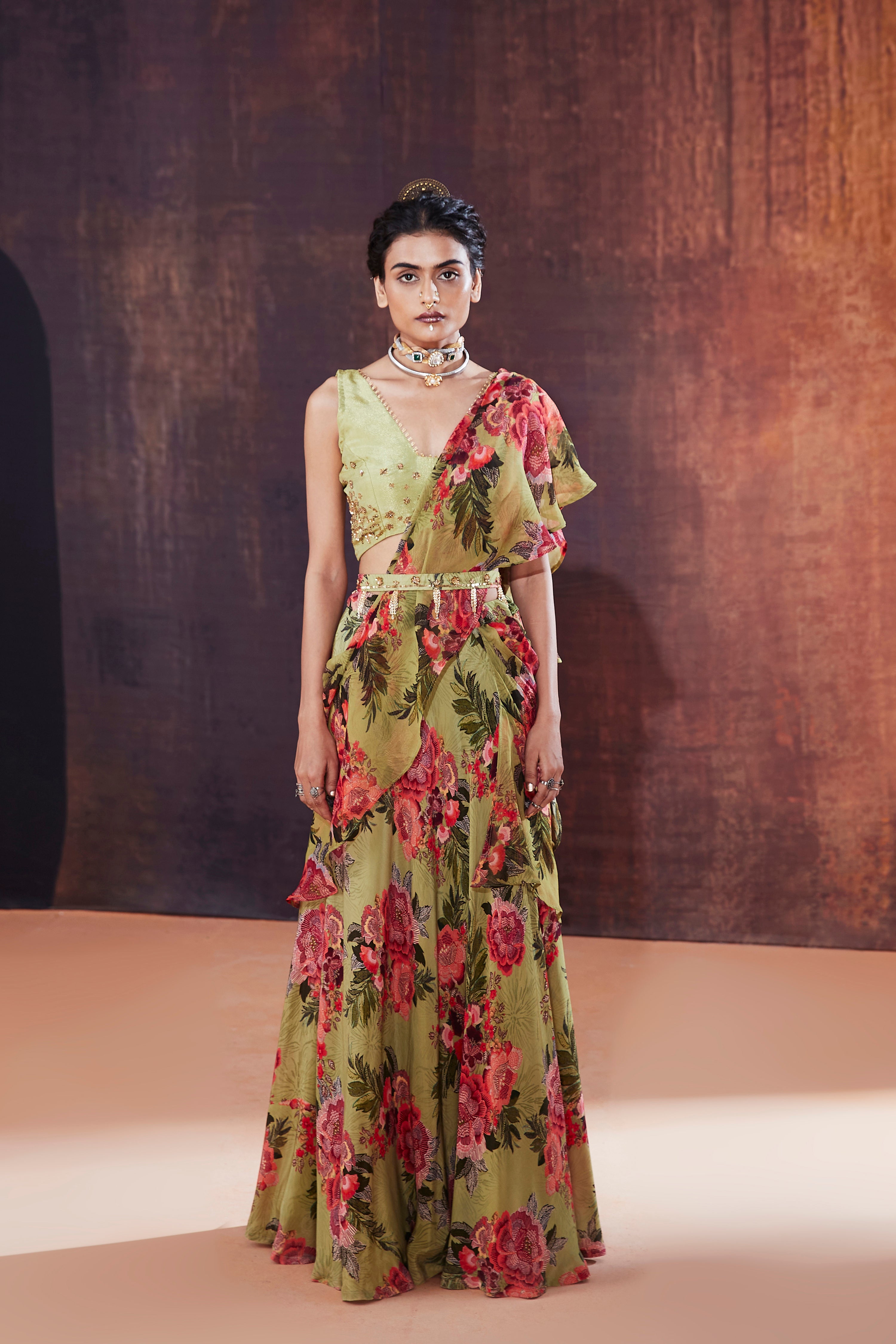 Moss Green Floral Printed Ruffled Saree