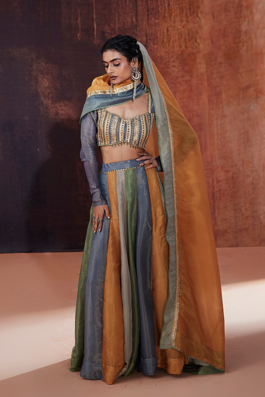 Multicolored Tissue Lehenga Set