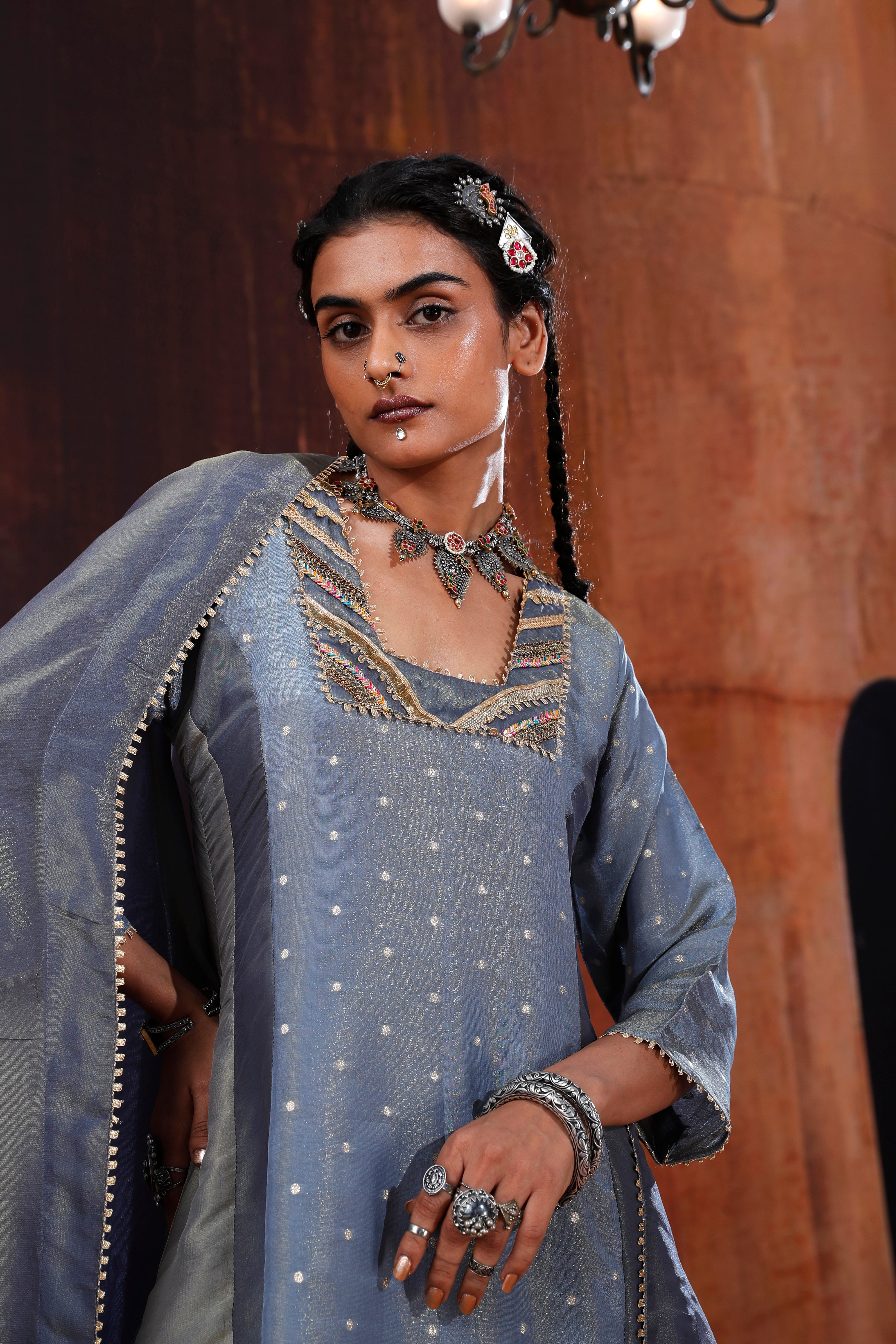 Blue Jacquard A-line Kurta Set