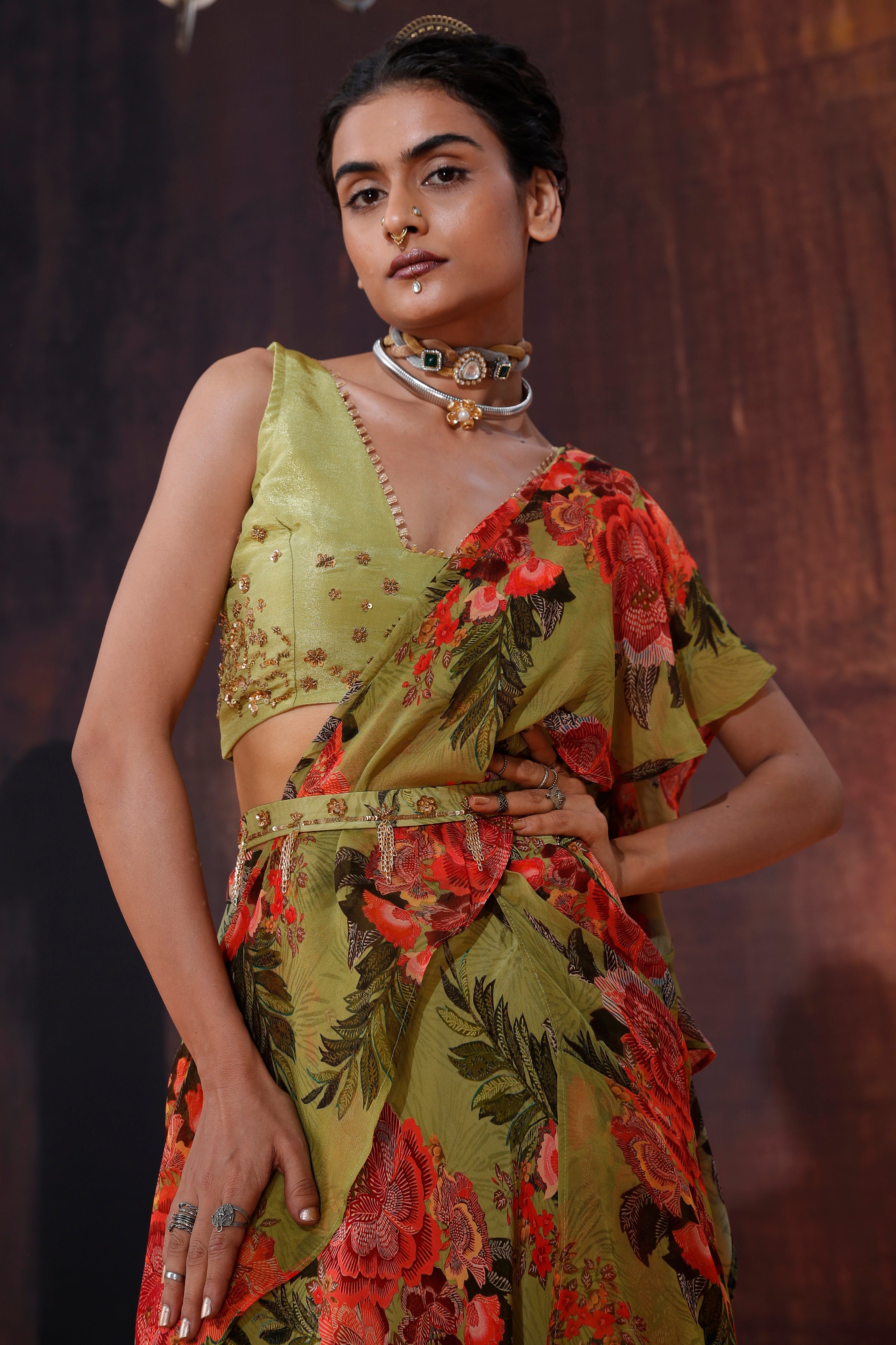 Moss Green Floral Printed Ruffled Saree