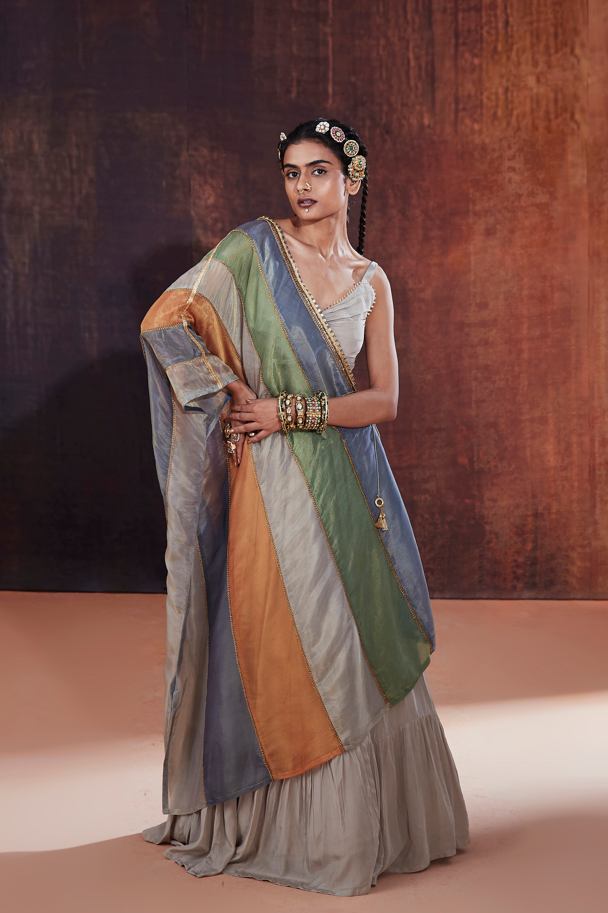 Grey Lehenga Set With Multicolored Cape