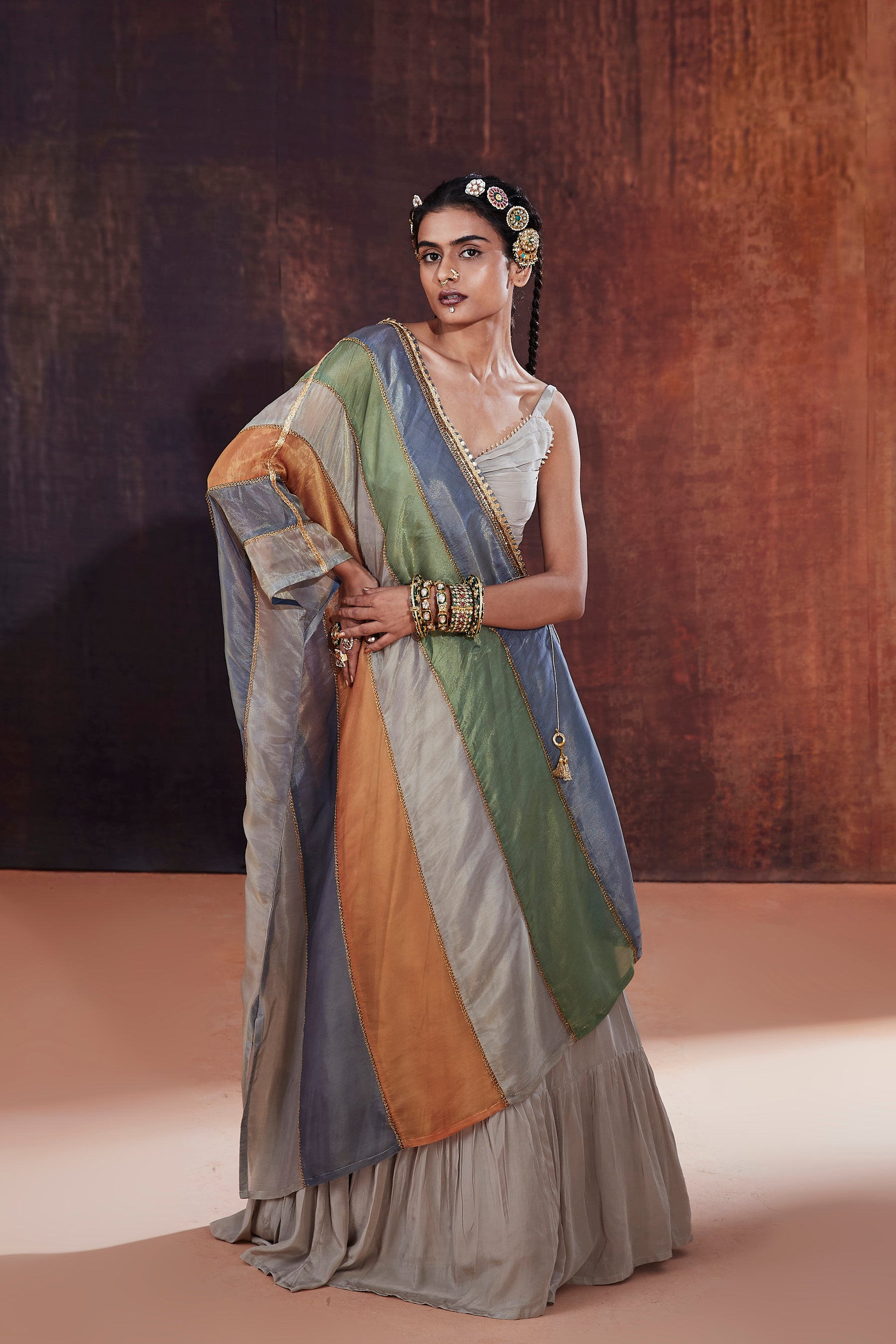 Grey Lehenga Set With Multicolored Cape