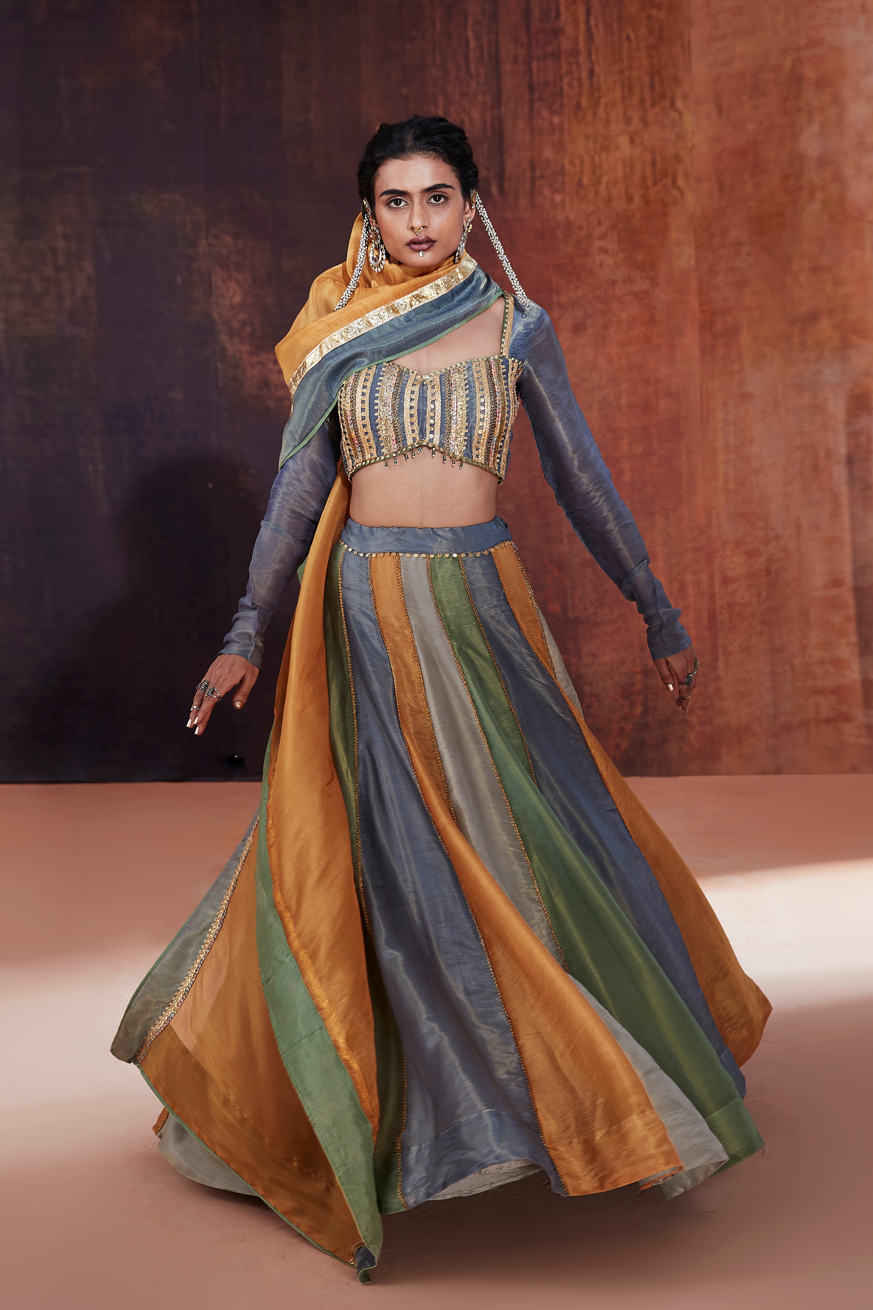 Multicolored Tissue Lehenga Set