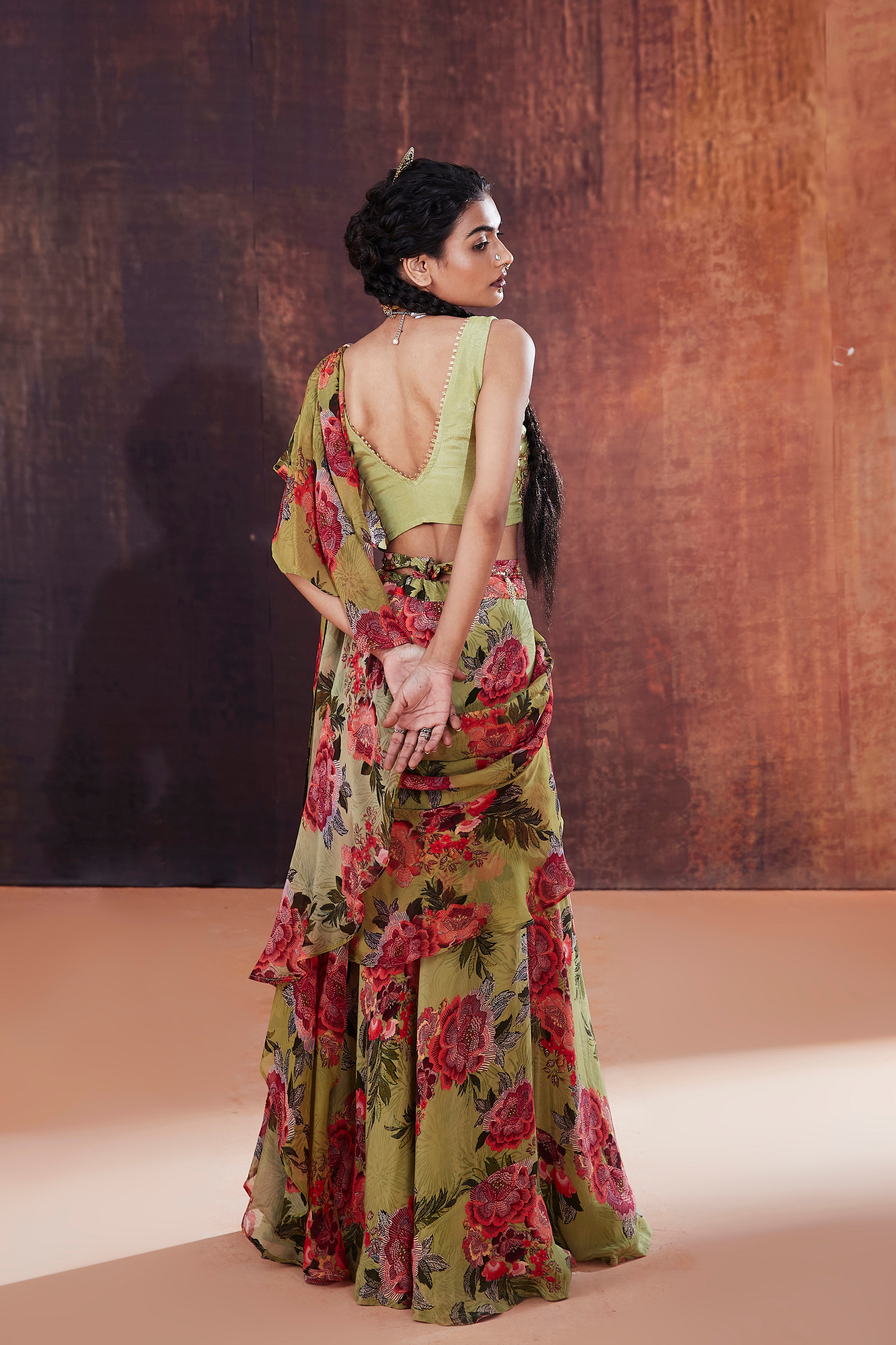 Moss Green Floral Printed Ruffled Saree