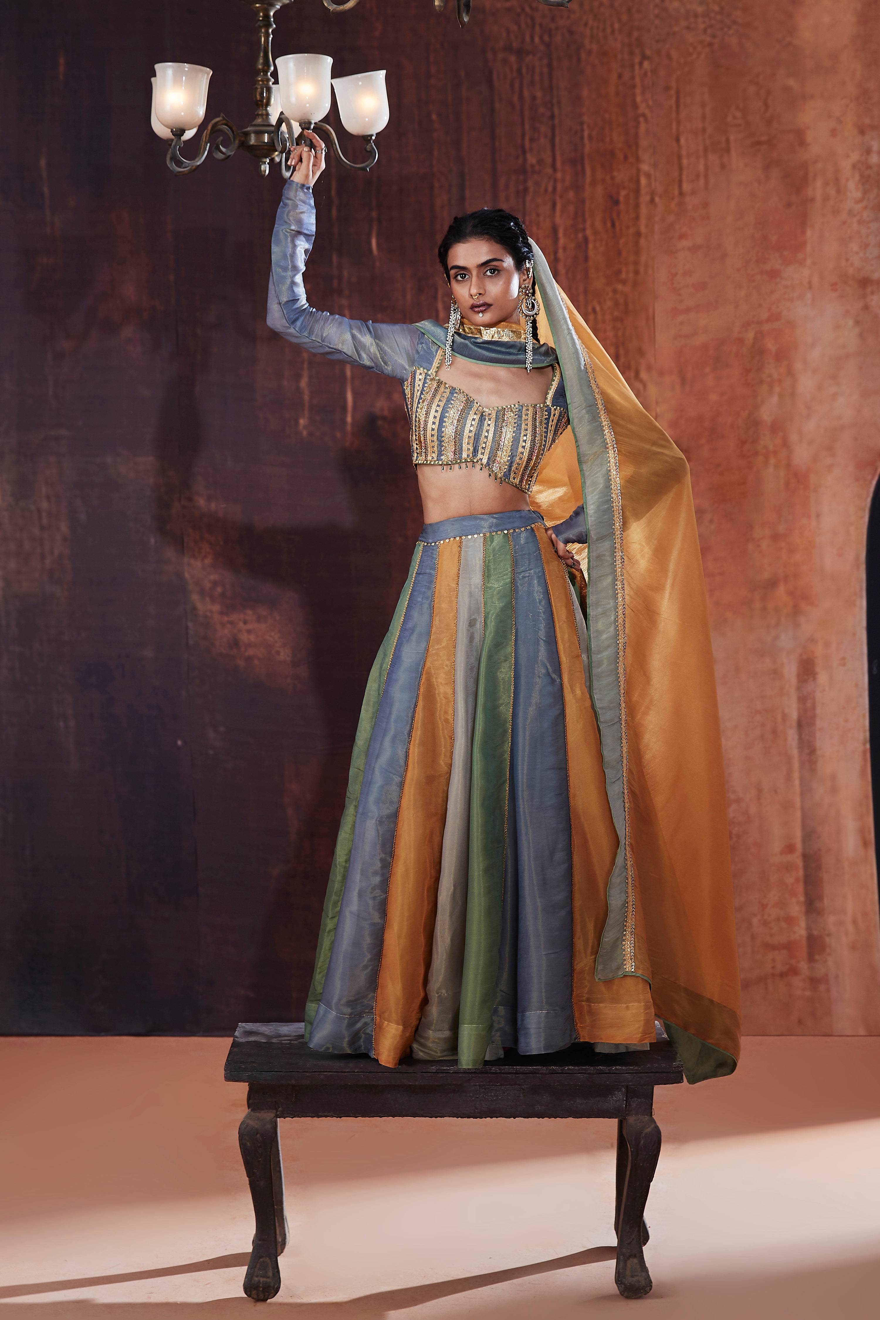 Multicolored Tissue Lehenga Set