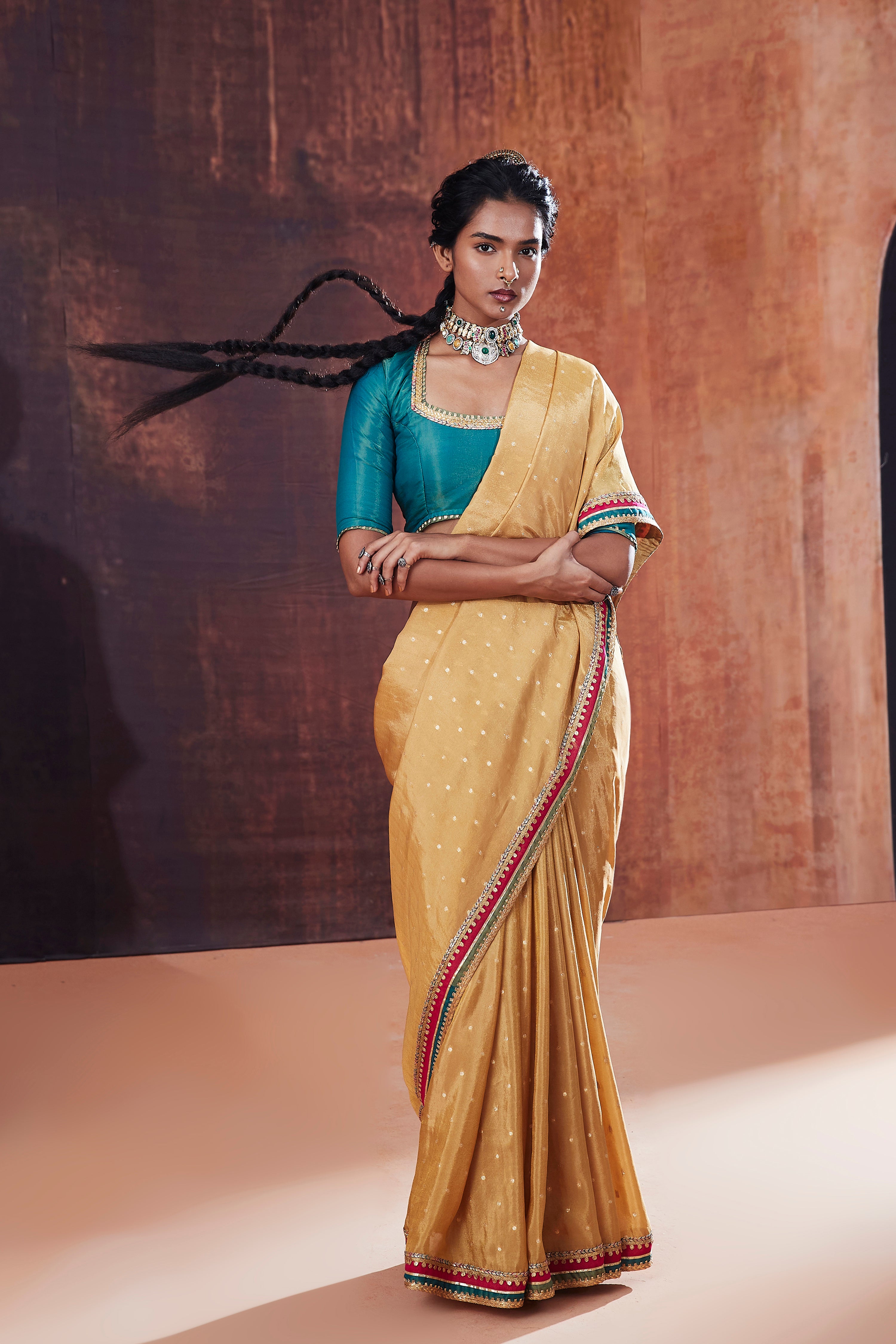 Gold Tissue Jacquard Saree Set