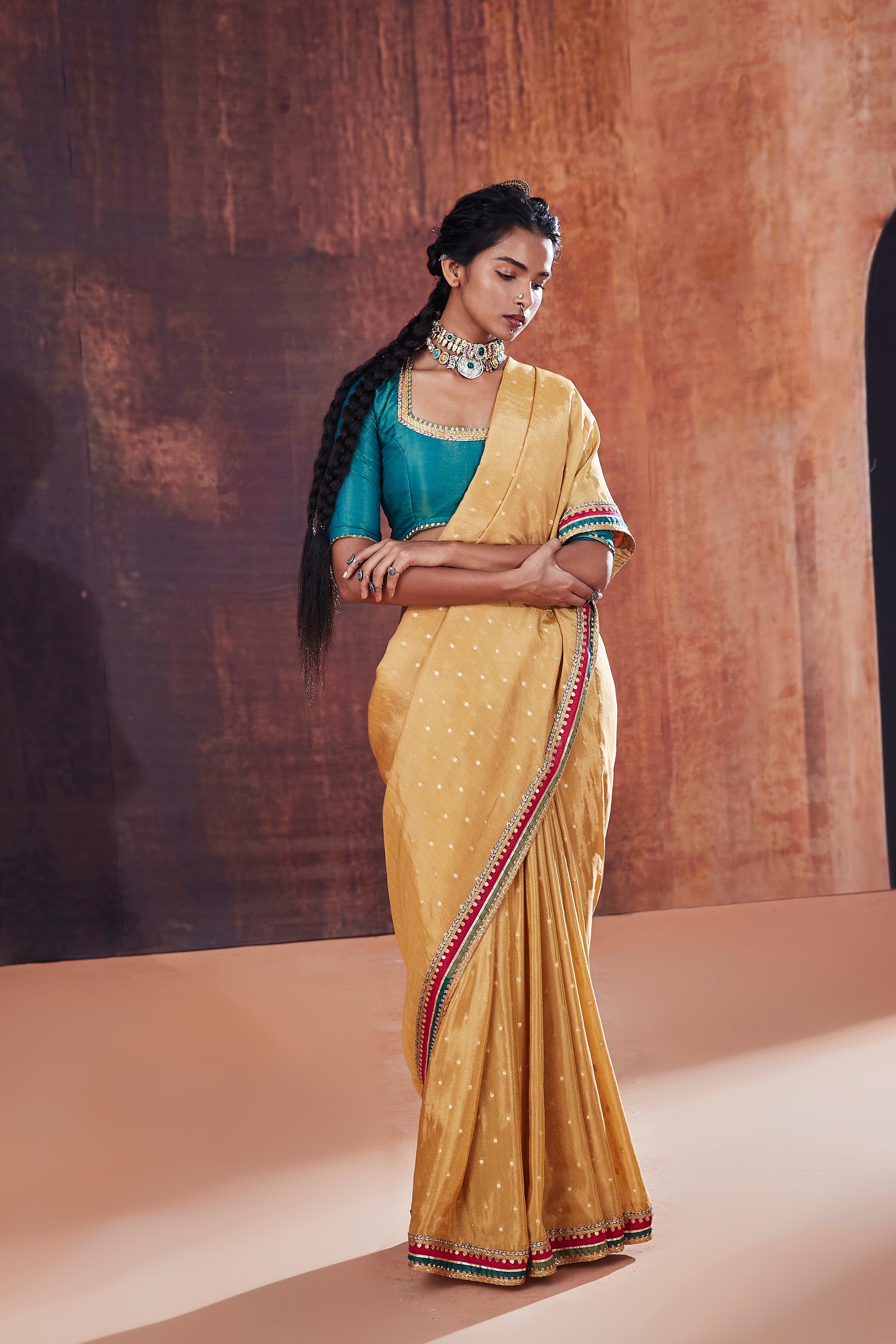 Gold Tissue Jacquard Saree Set