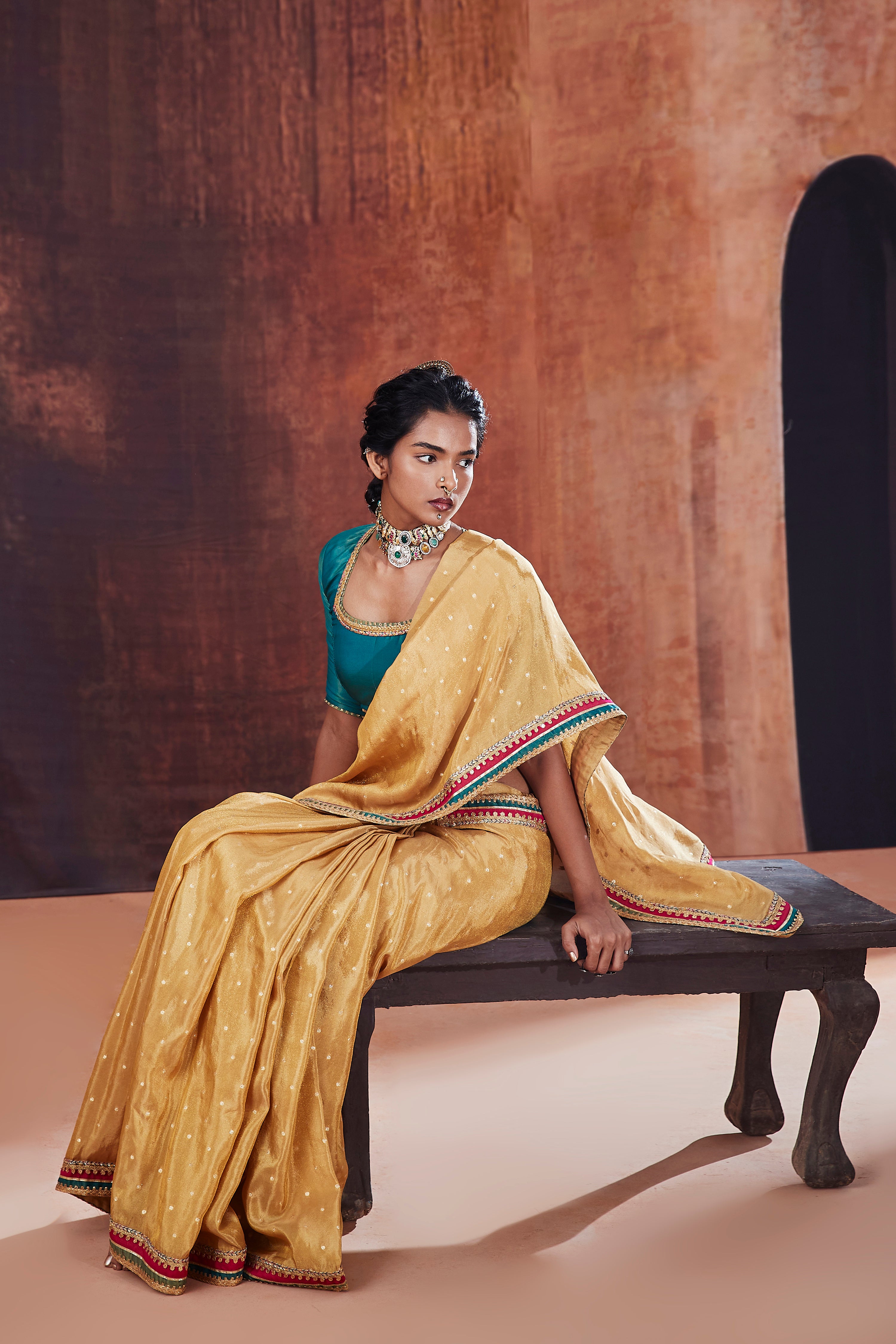 Gold Tissue Jacquard Saree Set