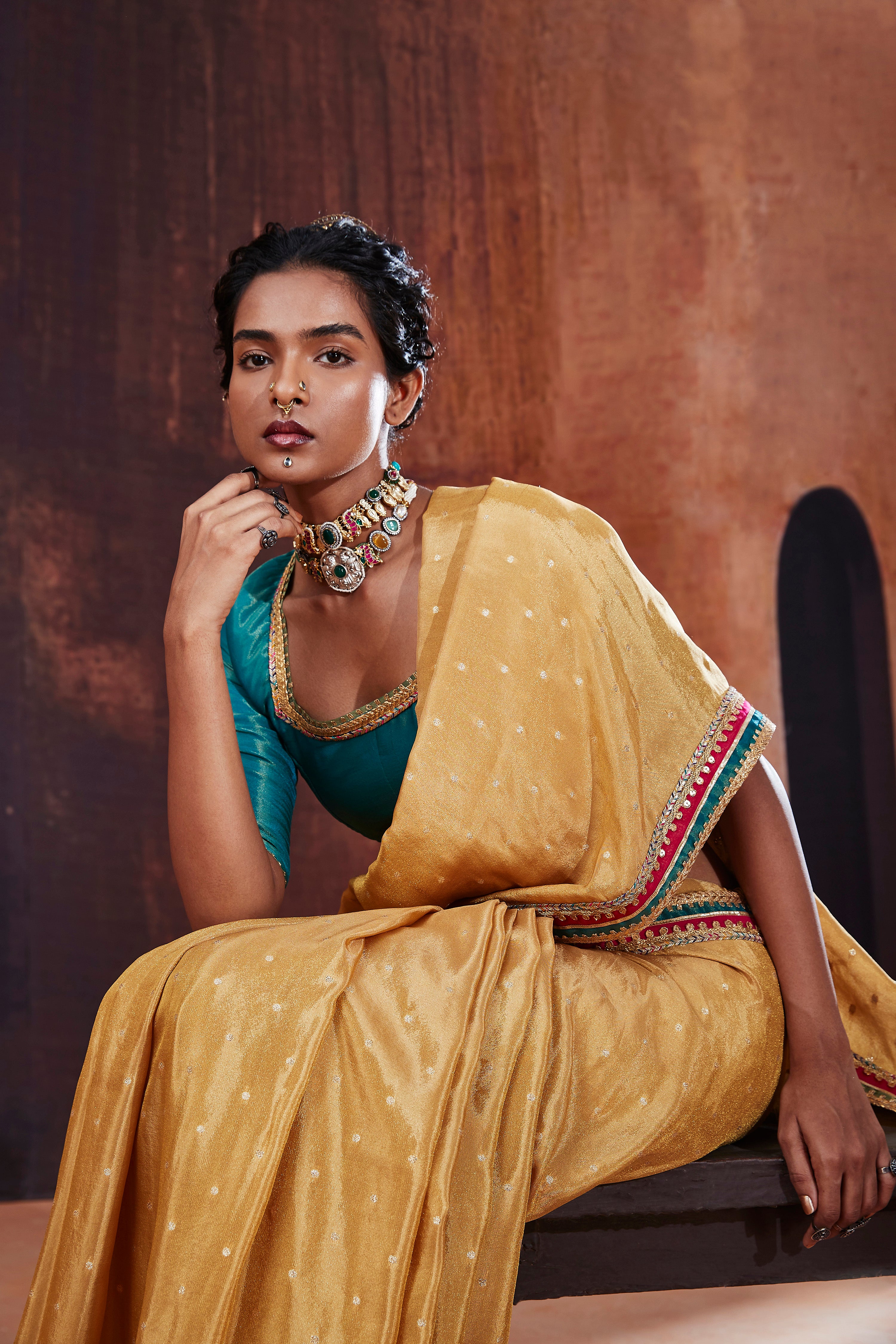 Gold Tissue Jacquard Saree Set