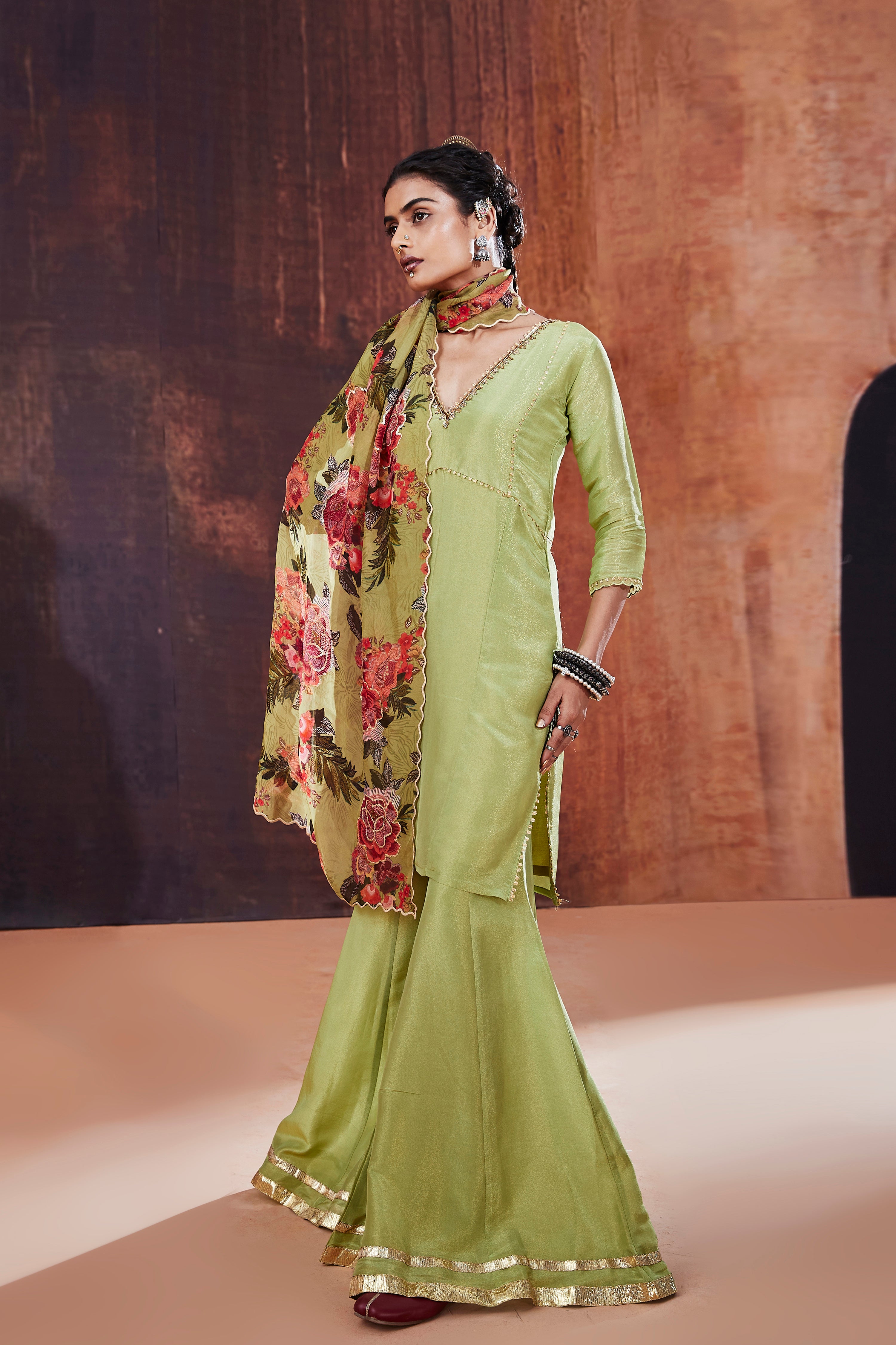 Moss Green Tissue Silk Sharara Set