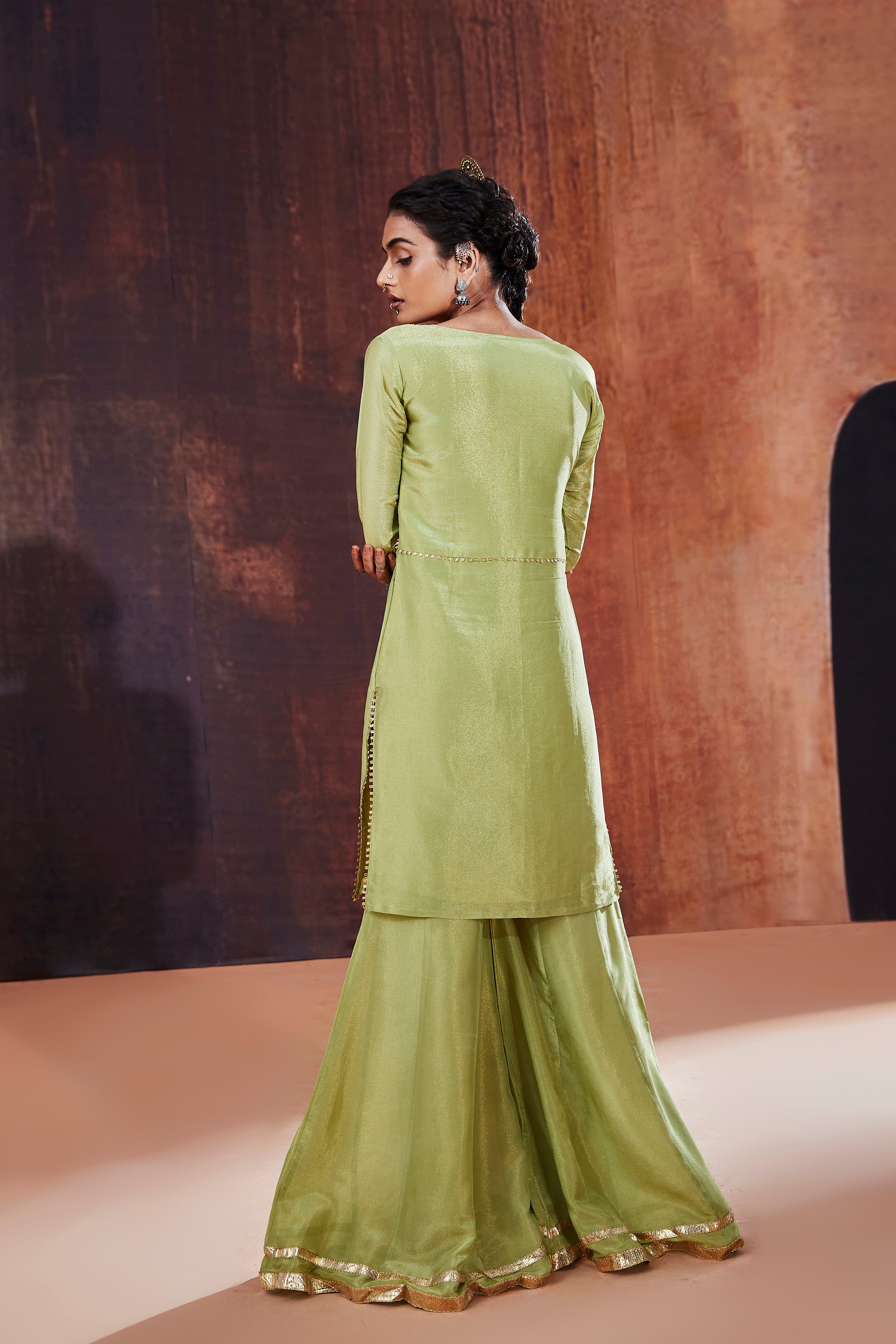 Moss Green Tissue Silk Sharara Set