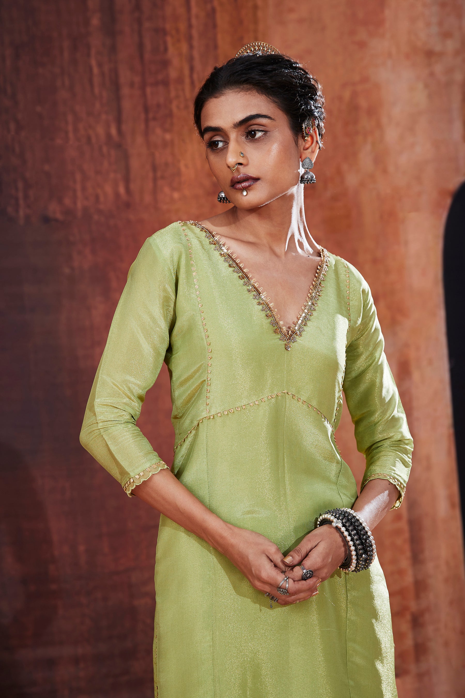 Moss Green Tissue Silk Sharara Set
