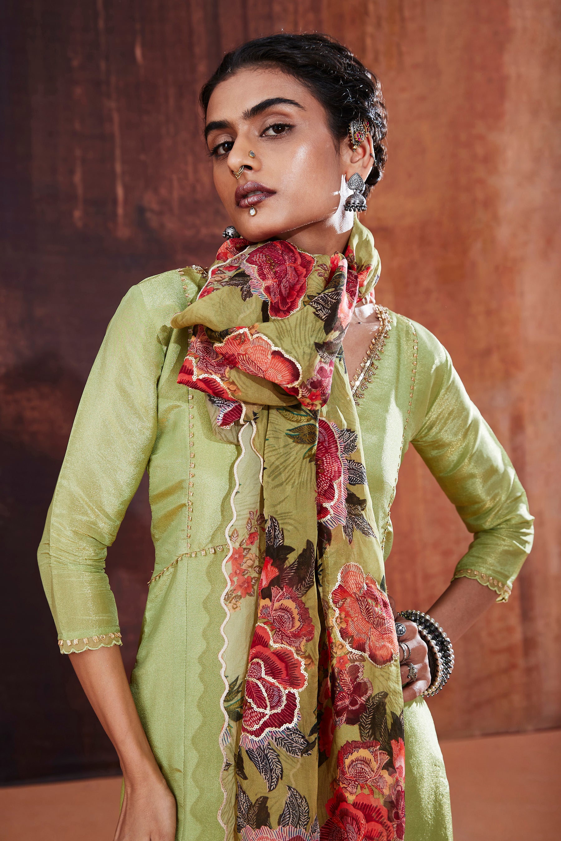 Moss Green Tissue Silk Sharara Set