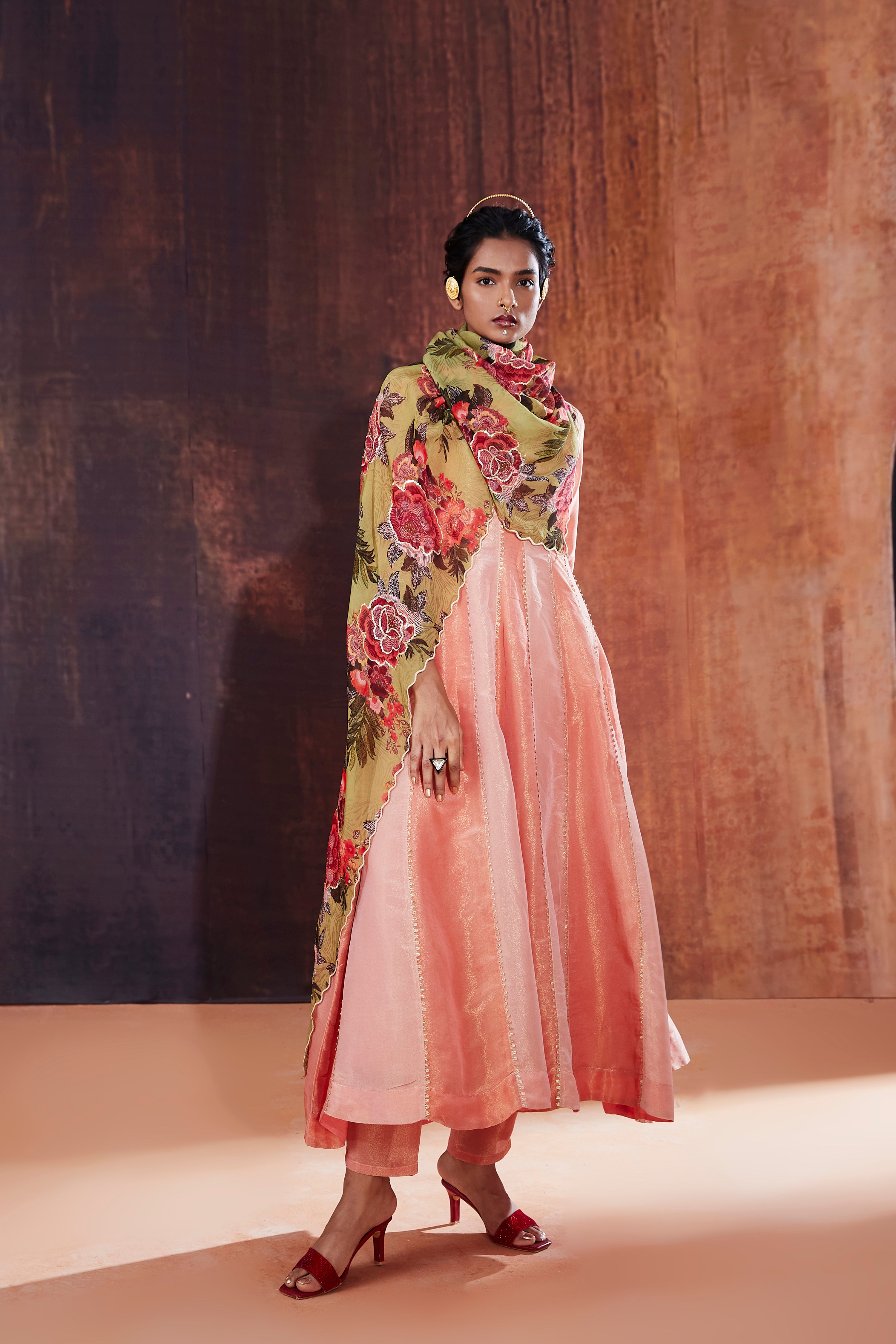 Pink And Coral Anarkali Set
