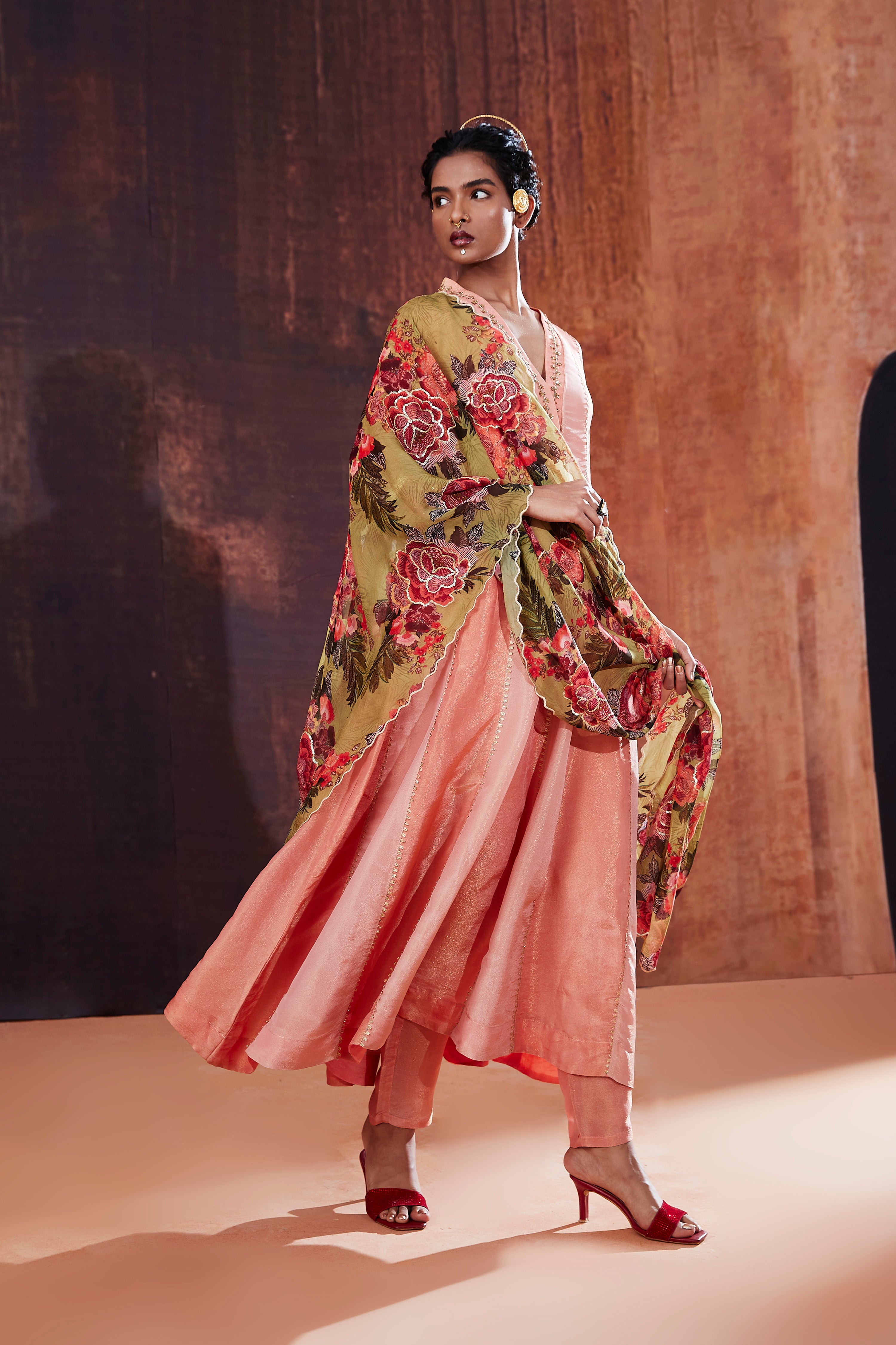 Pink And Coral Anarkali Set