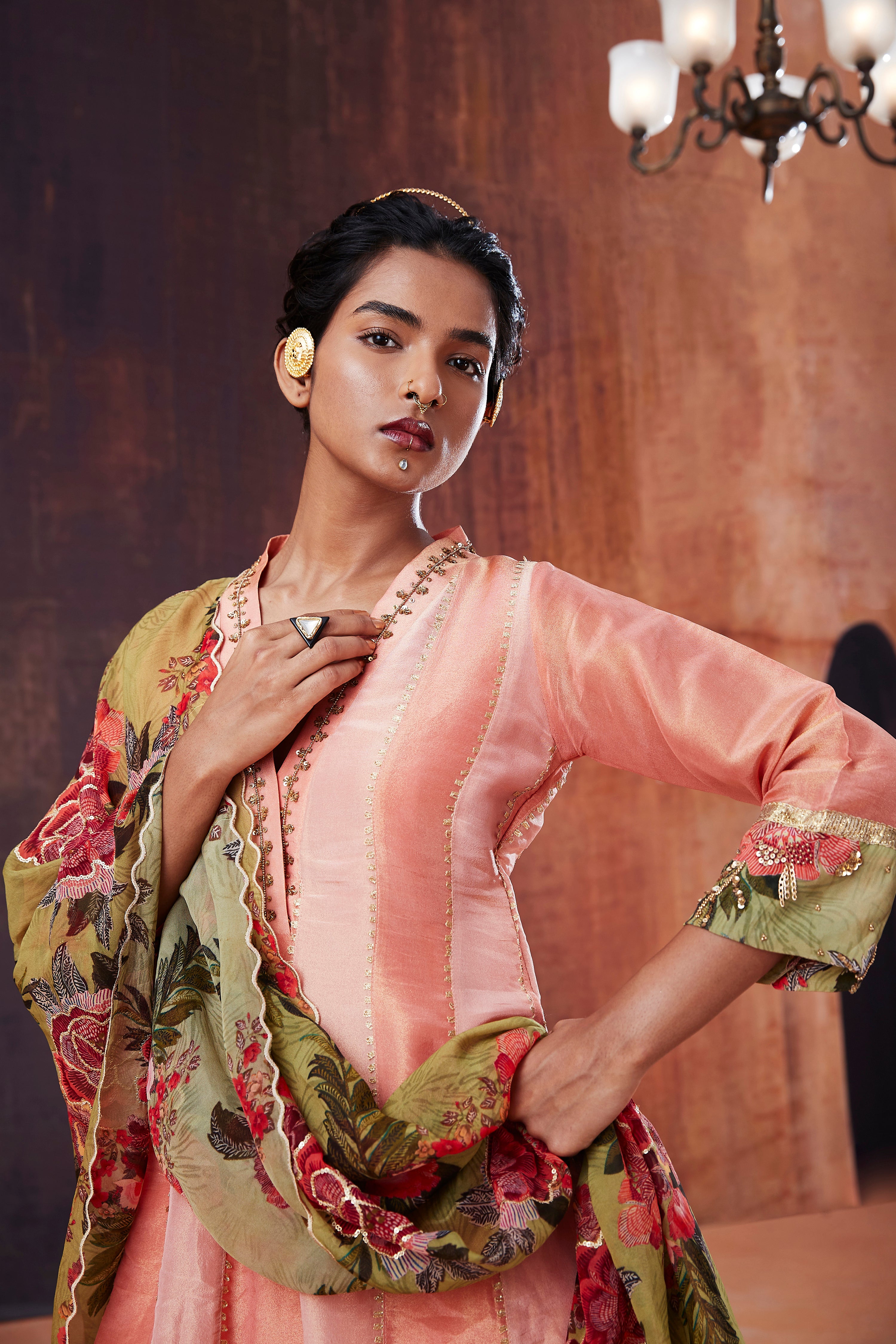 Pink And Coral Anarkali Set