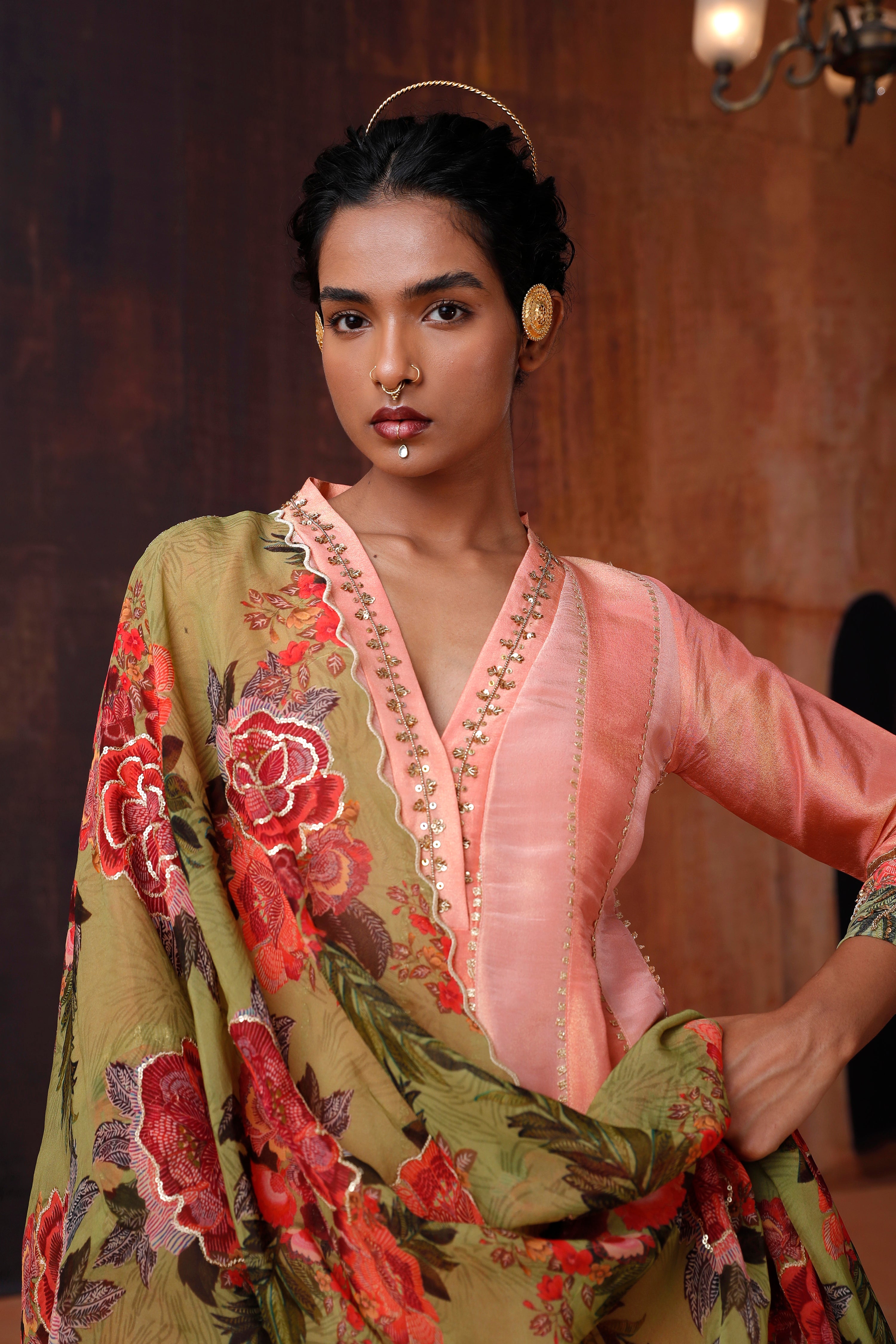 Pink And Coral Anarkali Set