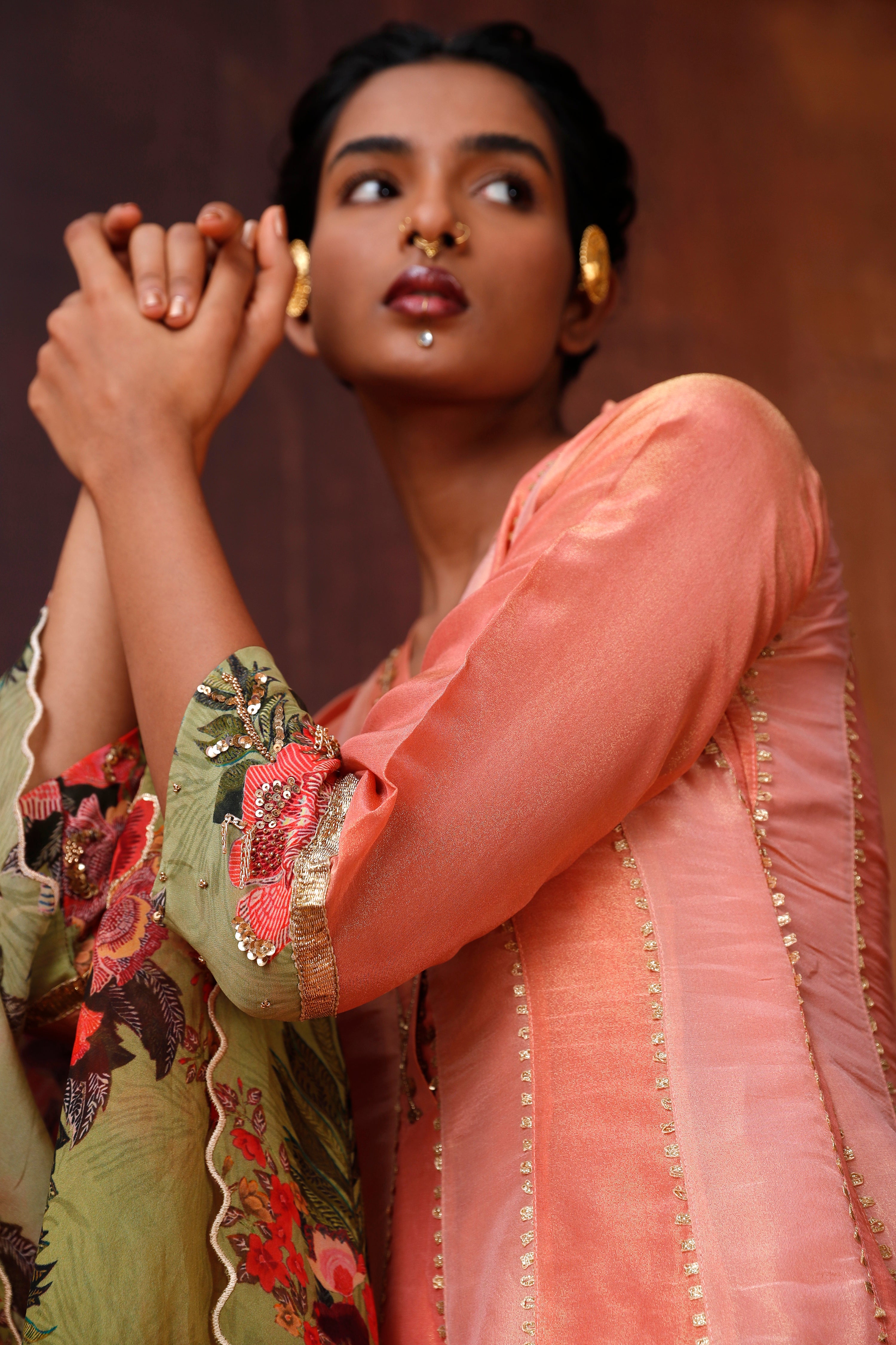 Pink And Coral Anarkali Set