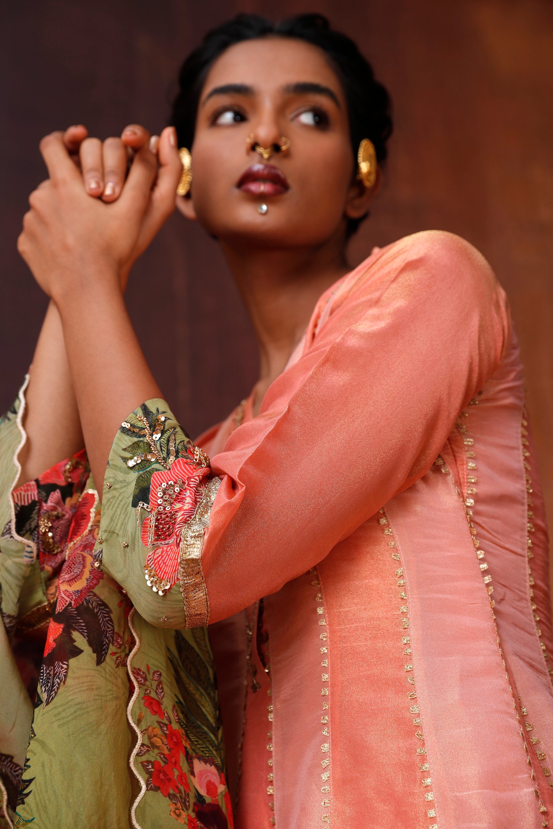 Pink And Coral Anarkali Set