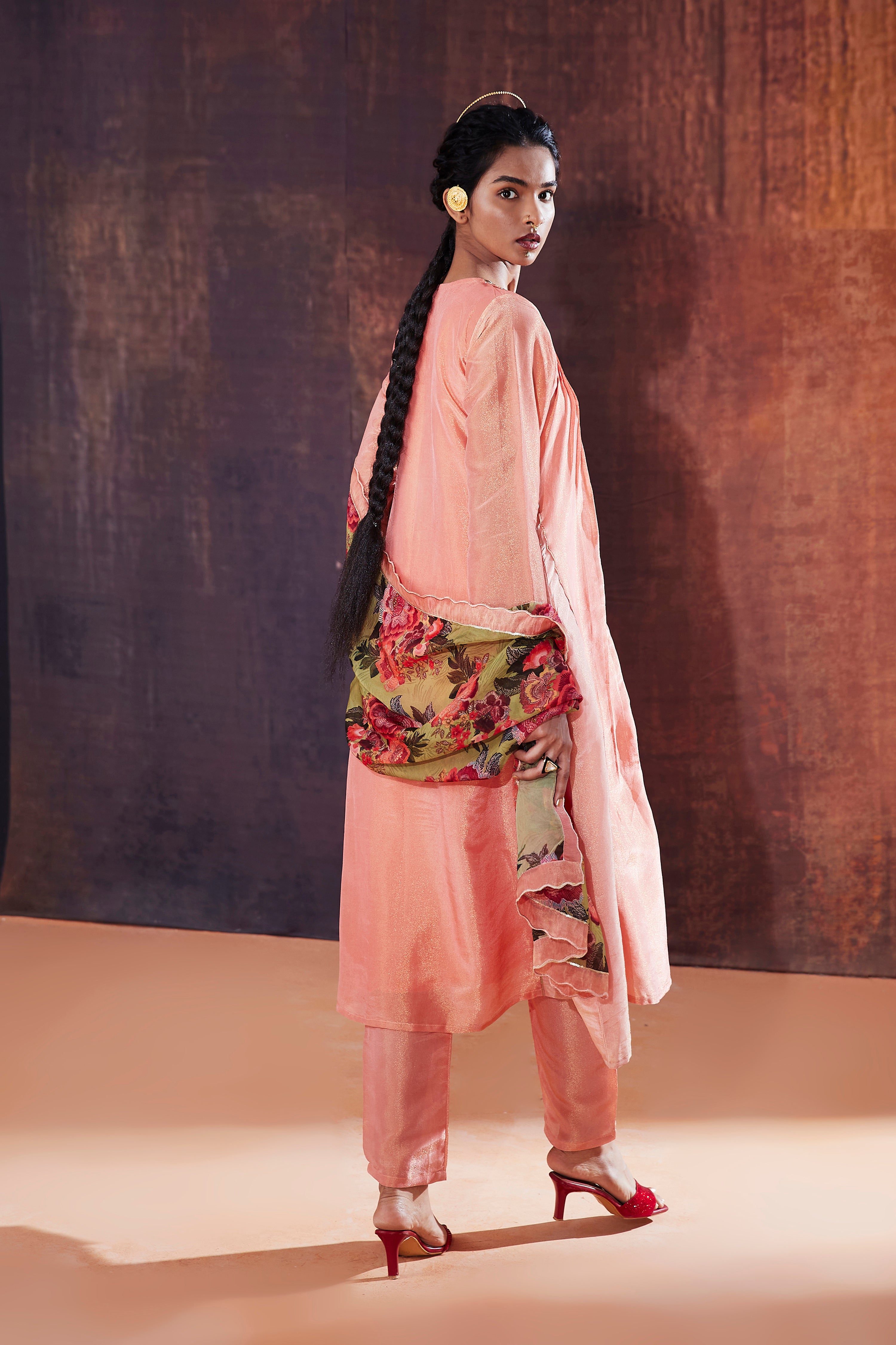 Coral Tissue Silk Kurta Set